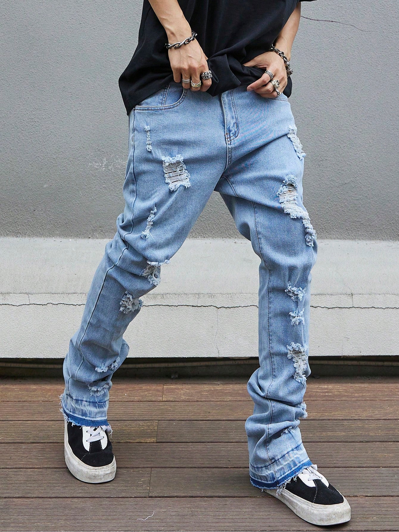 Manfinity LEGND Tight Flare Hem Full Length Distressed Pockets Plain Color Denim Jeans