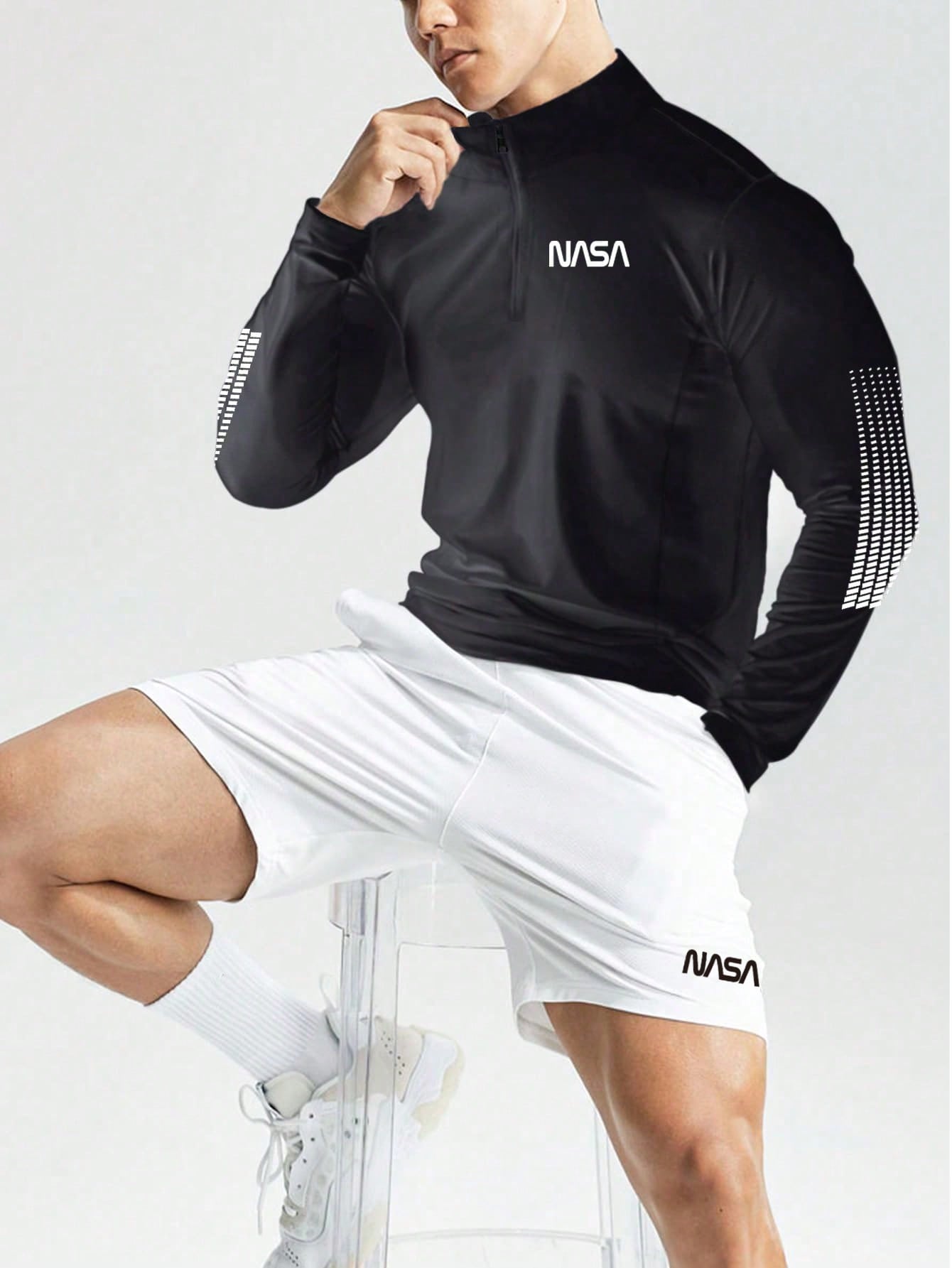 Manfinity Sport Corelite Boyfriend Style Men Shorts Set Boyfriend Style Men's Letter Print Half-Zipper Long Sleeve Top And Shorts Sports Set, Athletic Suit, Tracksuit Workout Set Workout Sets