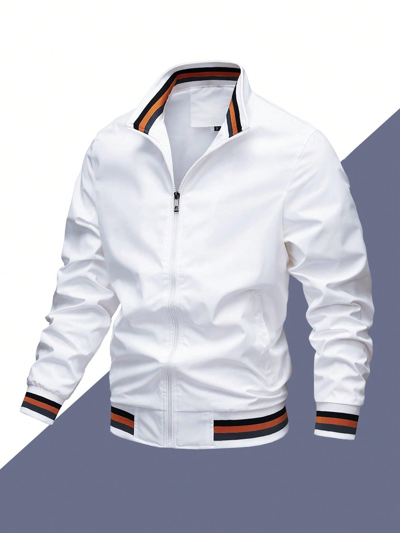 2023 Autumn New Striped Stand Collar Jacket For Boyfriend Style Men, Fashionable Casual Lightweight Cardigan Style Sports Jacket For Boyfriend Style Men