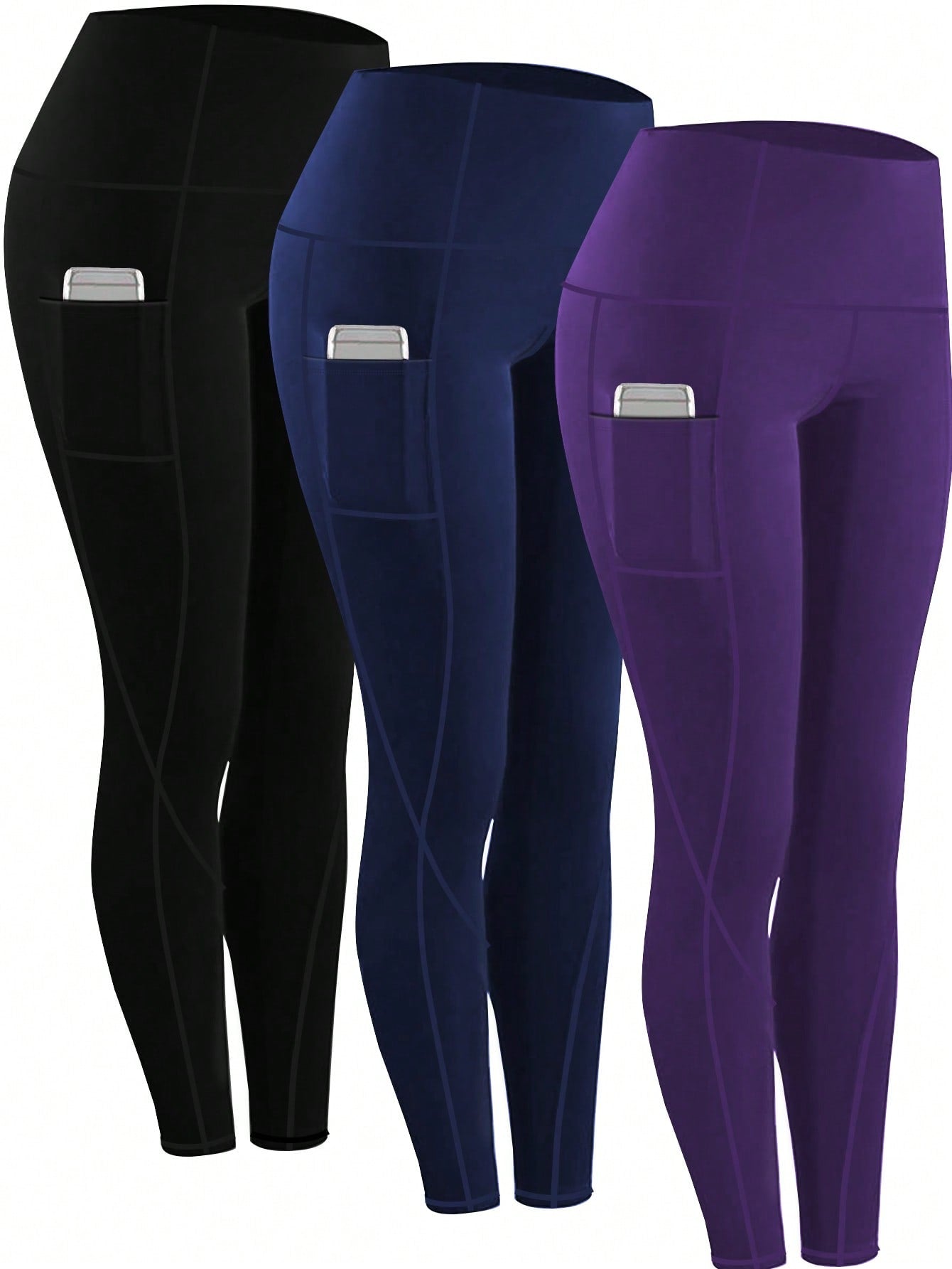 3pcs Women's High Waist Compression Yoga Pants With Pockets, Running Pants, Fitness Tights Set