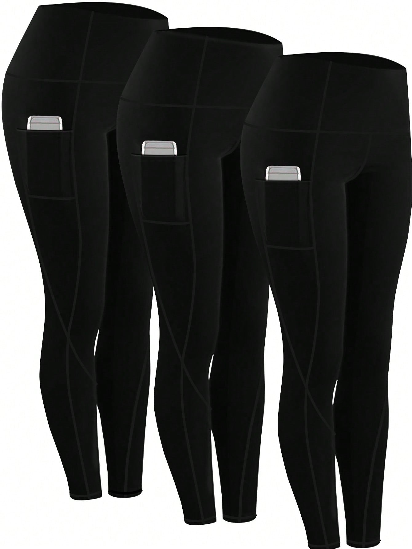 3pcs Women's High Waist Compression Yoga Pants With Pockets, Running Pants, Fitness Tights Set