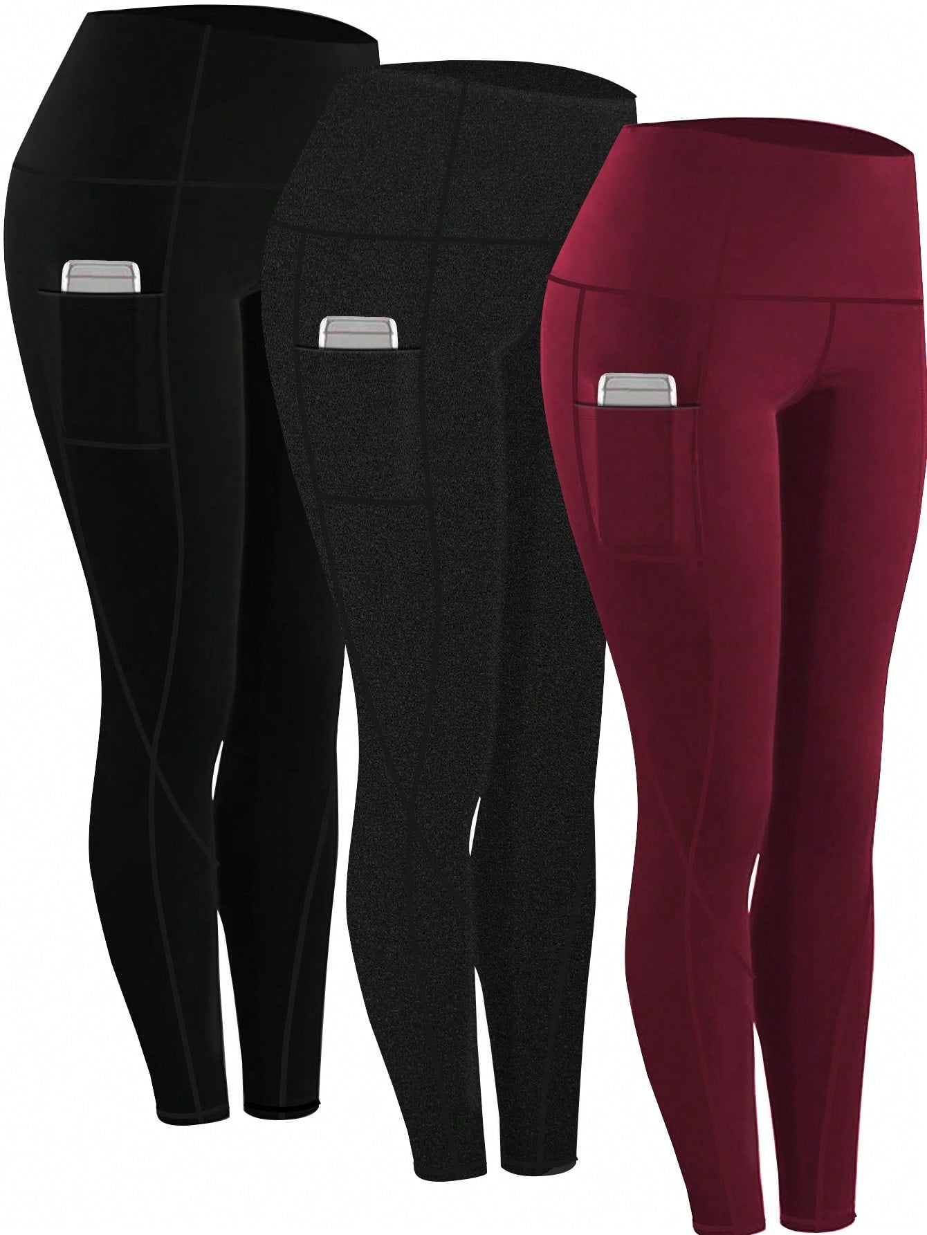 3pcs Women's High Waist Compression Yoga Pants With Pockets, Running Pants, Fitness Tights Set