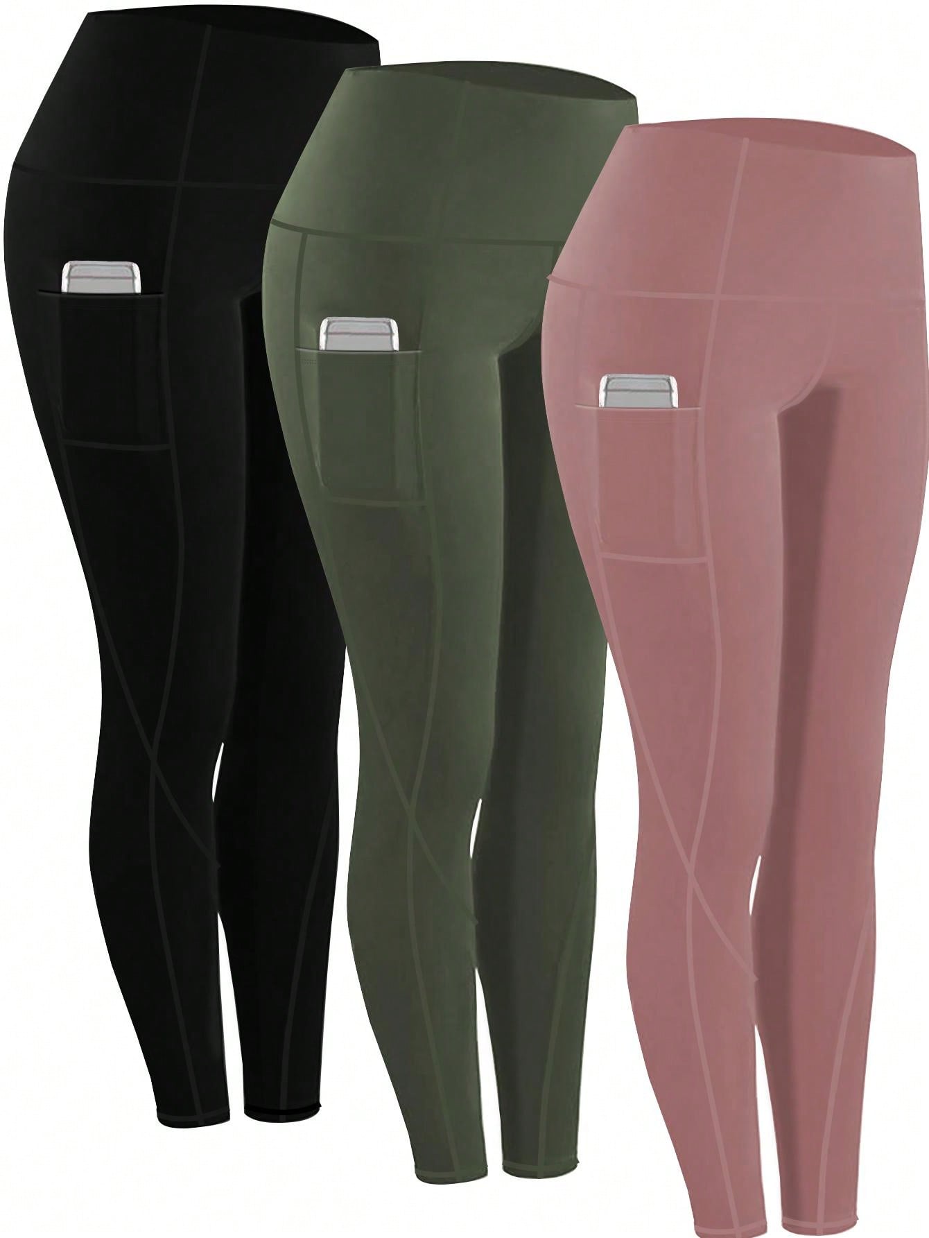 3pcs Women's High Waist Compression Yoga Pants With Pockets, Running Pants, Fitness Tights Set