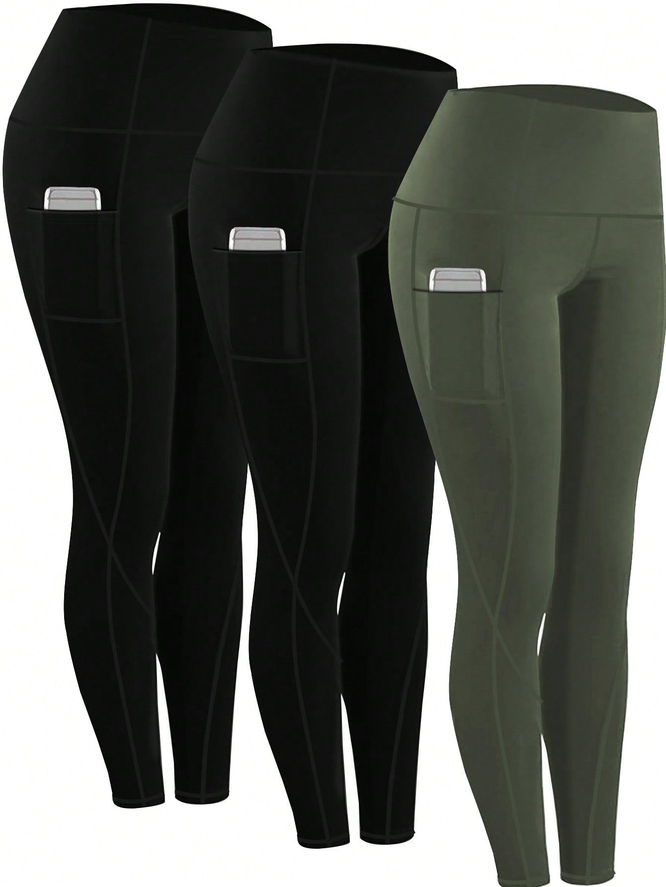 3pcs Women's High Waist Compression Yoga Pants With Pockets, Running Pants, Fitness Tights Set