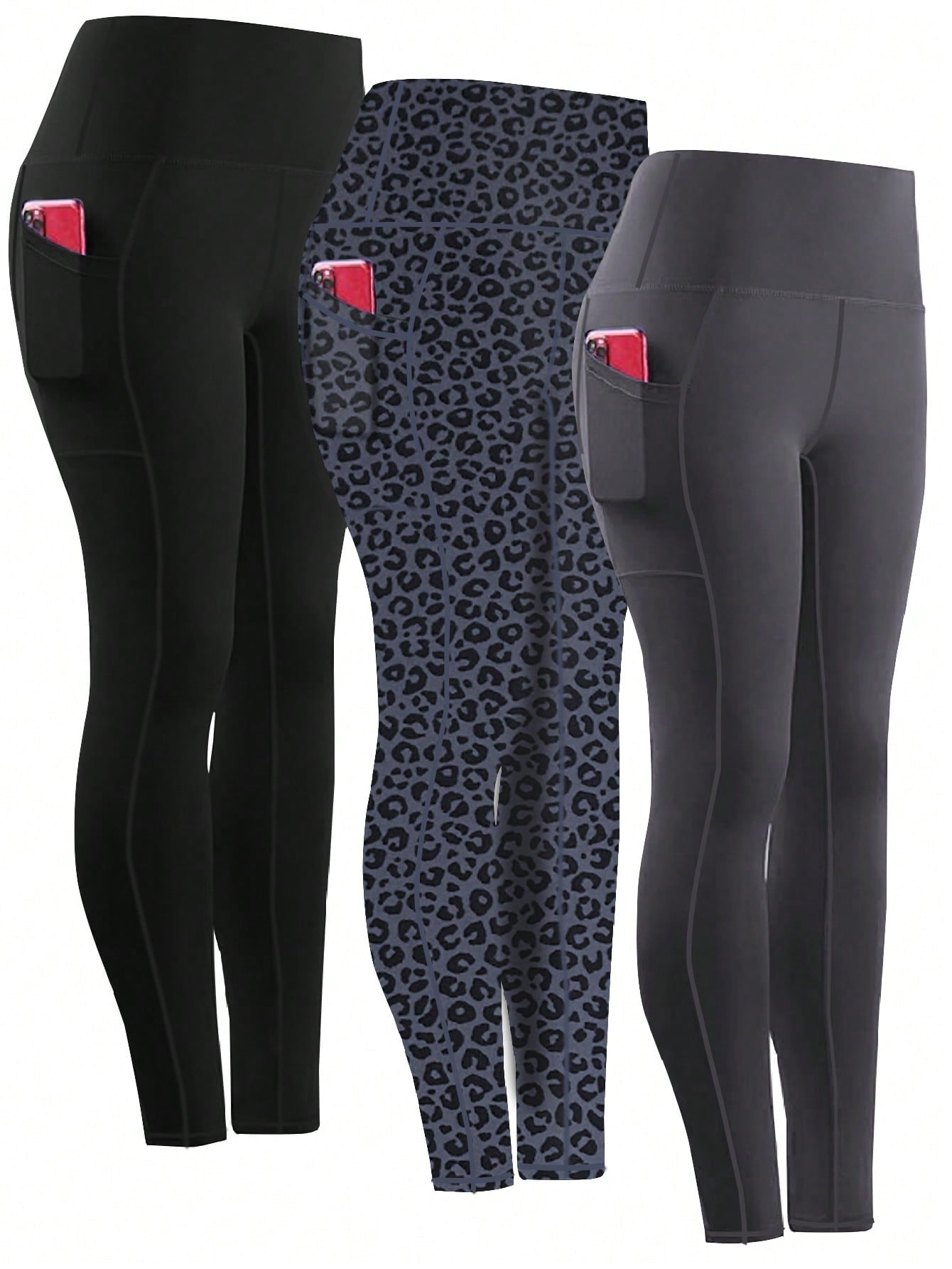 3pcs Women's High Waist Compression Yoga Pants With Pockets, Running Pants, Fitness Tights Set