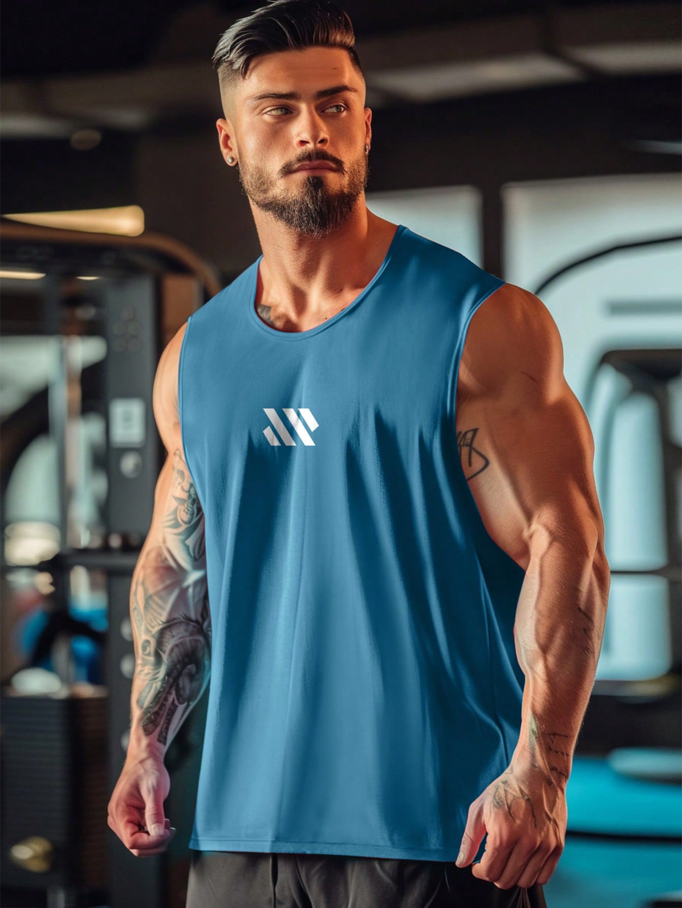 Boyfriend Style Men's Quick-Drying Breathable Moisture-Wicking Mesh Muscle Printed Sleeveless Top, Suitable For Sports, Fitness, Casual Wear And Running, Athletic Shirt