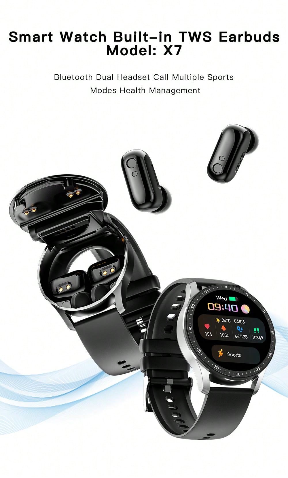 Smart Watch With Earbuds, 2 In 1 Bluetooth Earphones