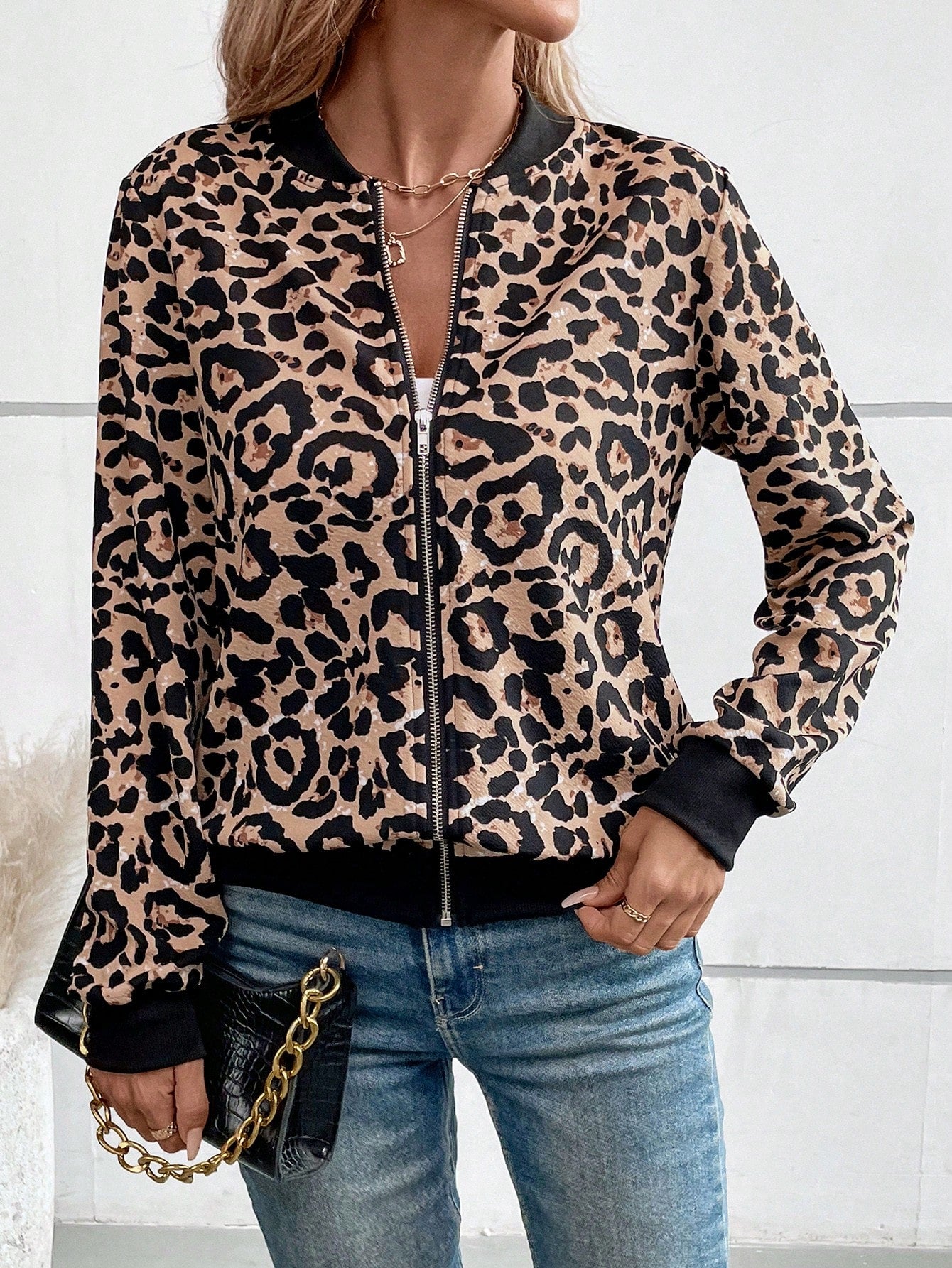 LUNE Leopard Print Color Block Long Sleeve Commuter Casual Jacket