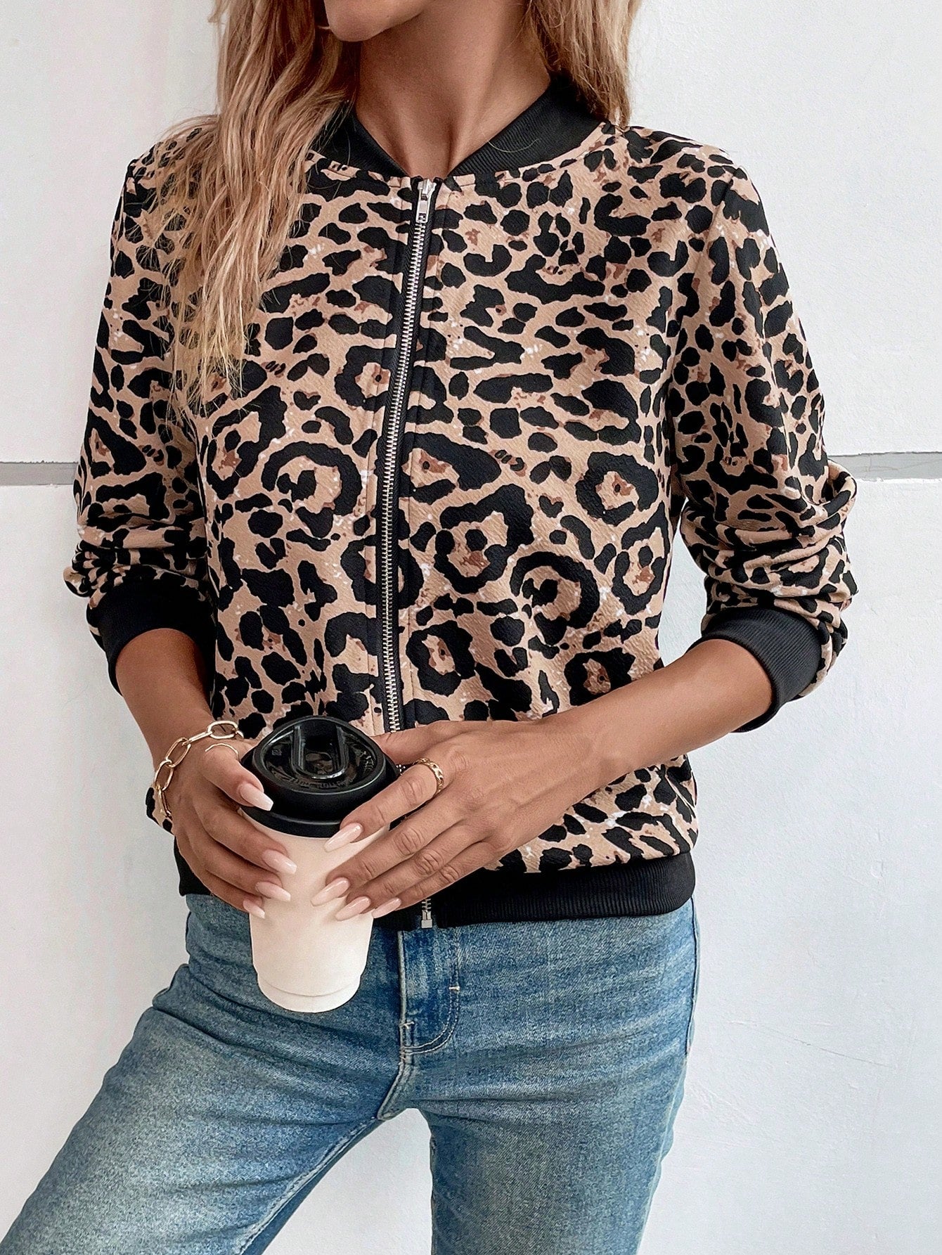 LUNE Leopard Print Color Block Long Sleeve Commuter Casual Jacket