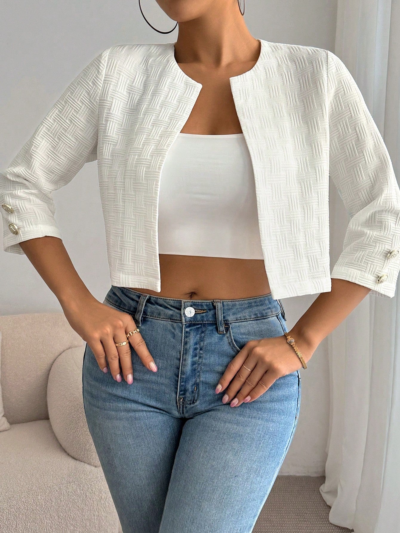 Essnce Women's Casual Fashion Old Money Style White Solid Open Front Crop Three-Quarter Sleeves Jacket Work Women Jacket Teacher Outfits Teacher Jacket Fall Women Clothes Business Women Clothes