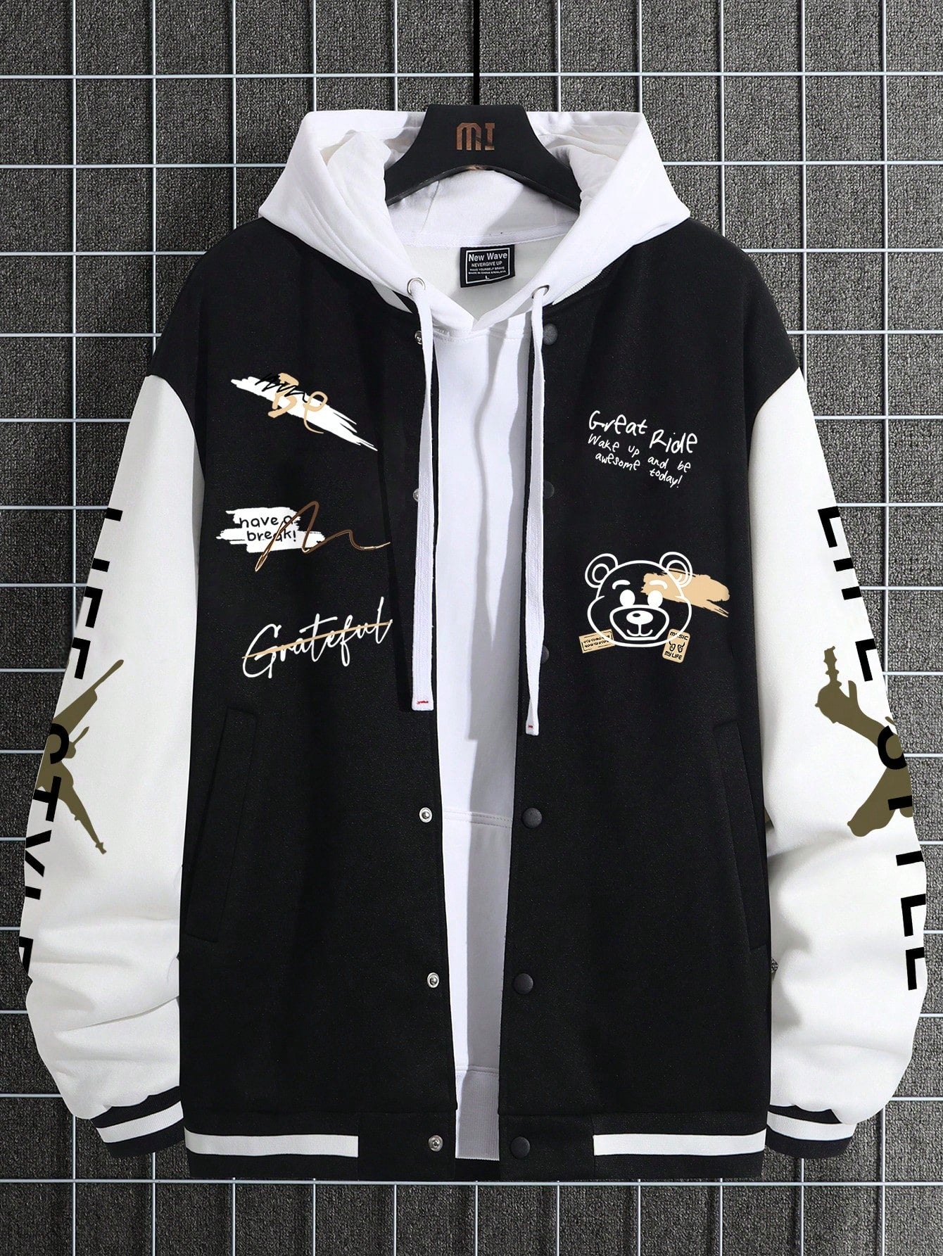 Manfinity EMRG Men's Loose Slogans Cartoon Bear Print Long Sleeve Casual Baseball Jacket, Autumn