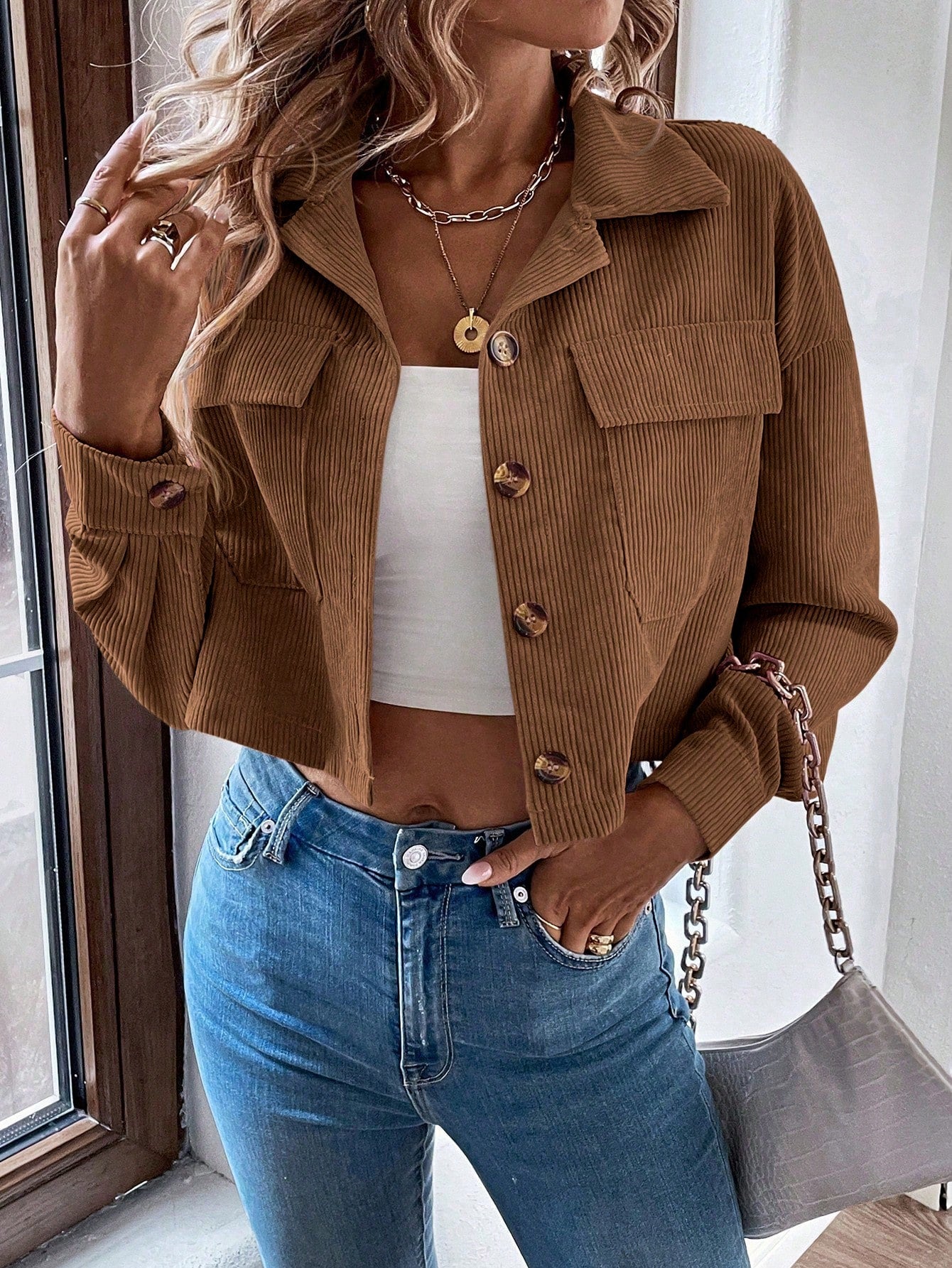 Relaxiva Flap Pocket Drop Shoulder Crop Corduroy Jacket