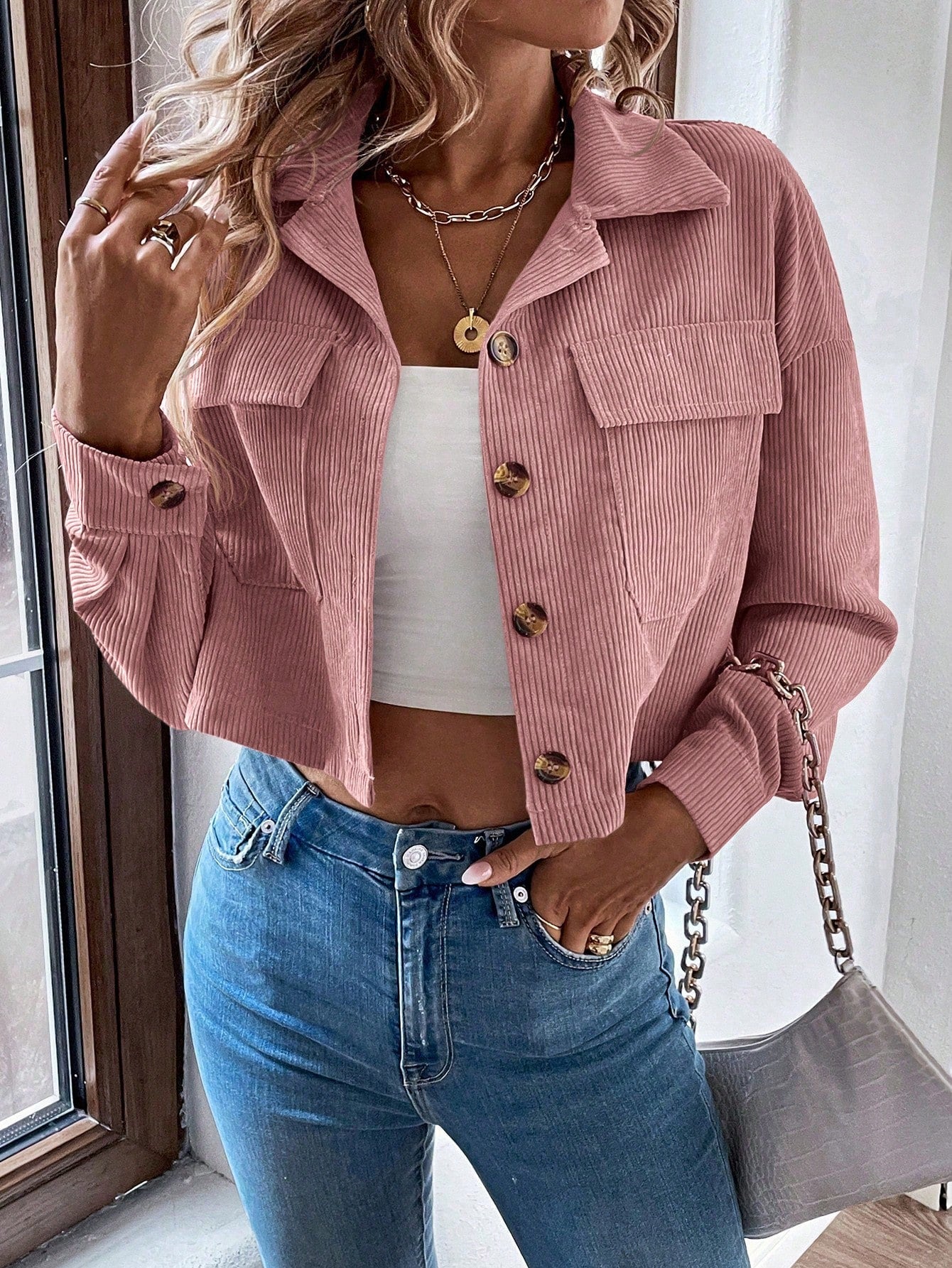 Relaxiva Flap Pocket Drop Shoulder Crop Corduroy Jacket