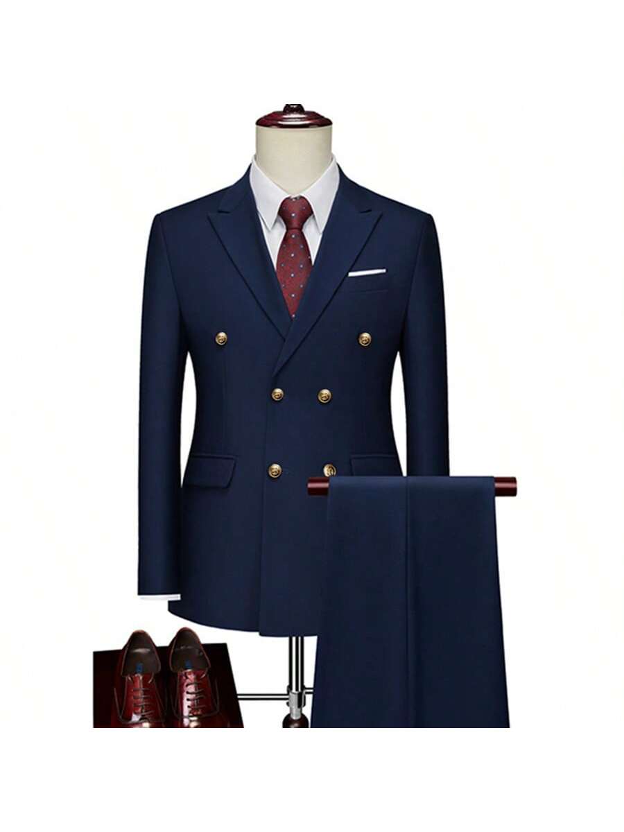 2025 Fashion New Men's Business Double Breasted Solid Color Suit Coat / Male Slim Wedding 2 Pieces Blazers Jacket Pants Trousers