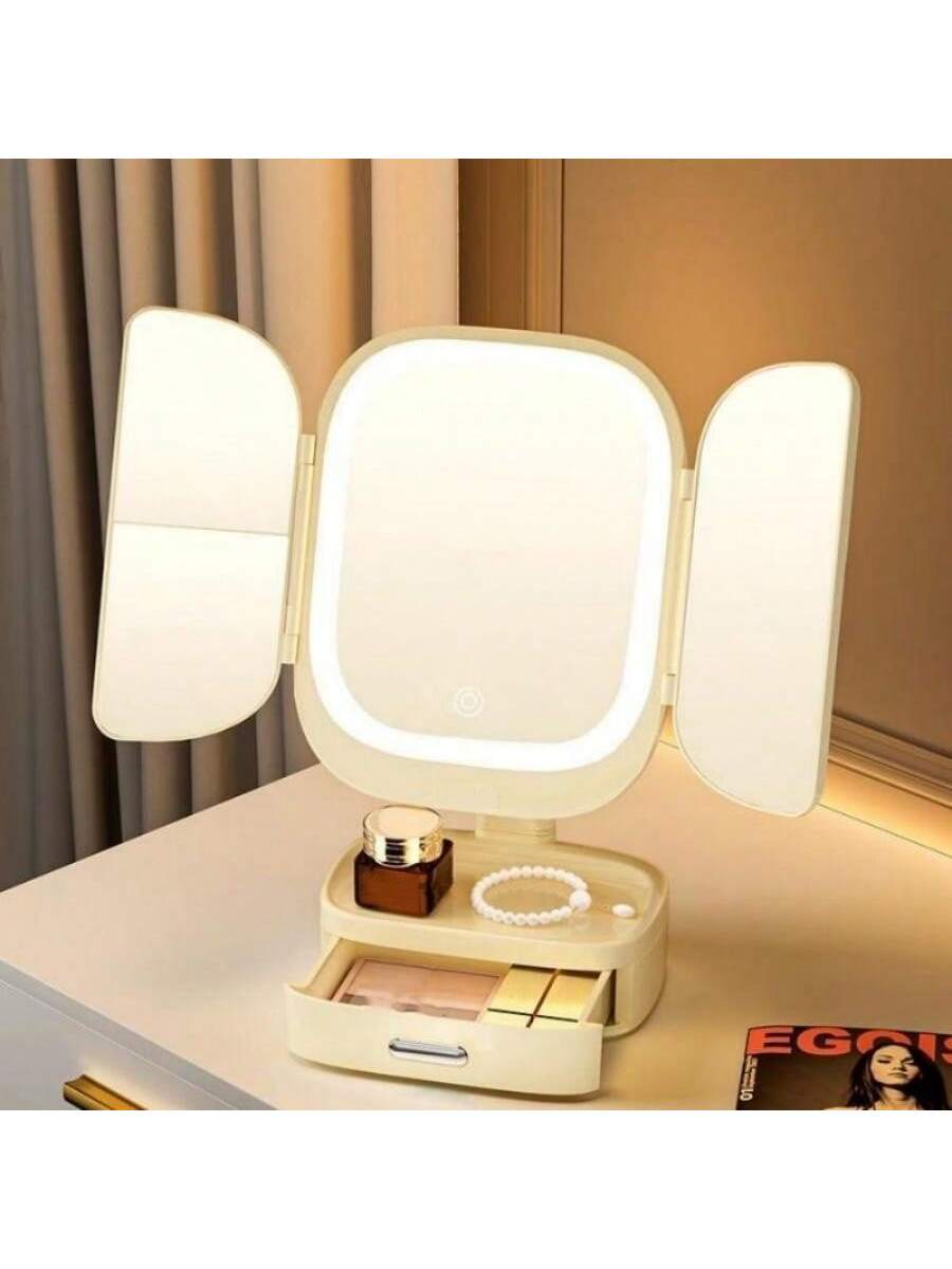 Tri-Fold Illuminated Vanity Mirror - 3x/2x Magnification, Rechargeable, Foldable, Dimmable Color Lighting Modes, 180 Degree Free Rotation Countertop Makeup Mirror, Travel Makeup Mirror - Christmas, Thanksgiving, Valentine's Day And New Year Gift