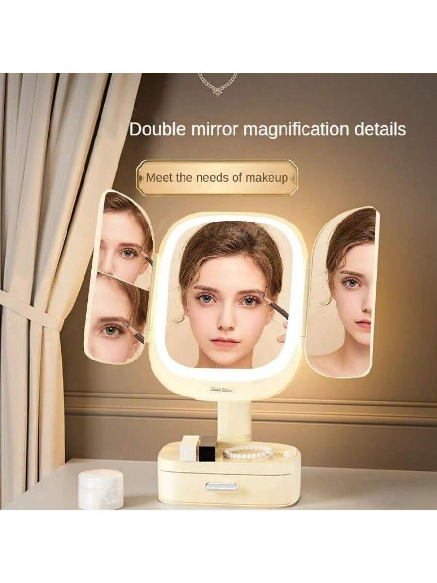 Tri-Fold Illuminated Vanity Mirror - 3x/2x Magnification, Rechargeable, Foldable, Dimmable Color Lighting Modes, 180 Degree Free Rotation Countertop Makeup Mirror, Travel Makeup Mirror - Christmas, Thanksgiving, Valentine's Day And New Year Gift