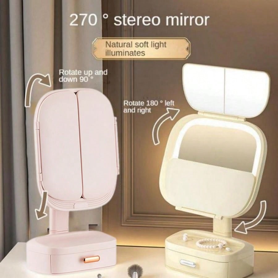 Tri-Fold Illuminated Vanity Mirror - 3x/2x Magnification, Rechargeable, Foldable, Dimmable Color Lighting Modes, 180 Degree Free Rotation Countertop Makeup Mirror, Travel Makeup Mirror - Christmas, Thanksgiving, Valentine's Day And New Year Gift