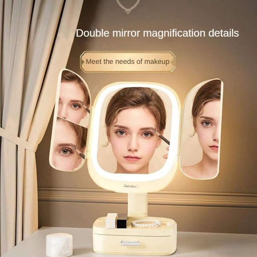 Tri-Fold Illuminated Vanity Mirror - 3x/2x Magnification, Rechargeable, Foldable, Dimmable Color Lighting Modes, 180 Degree Free Rotation Countertop Makeup Mirror, Travel Makeup Mirror - Christmas, Thanksgiving, Valentine's Day And New Year Gift