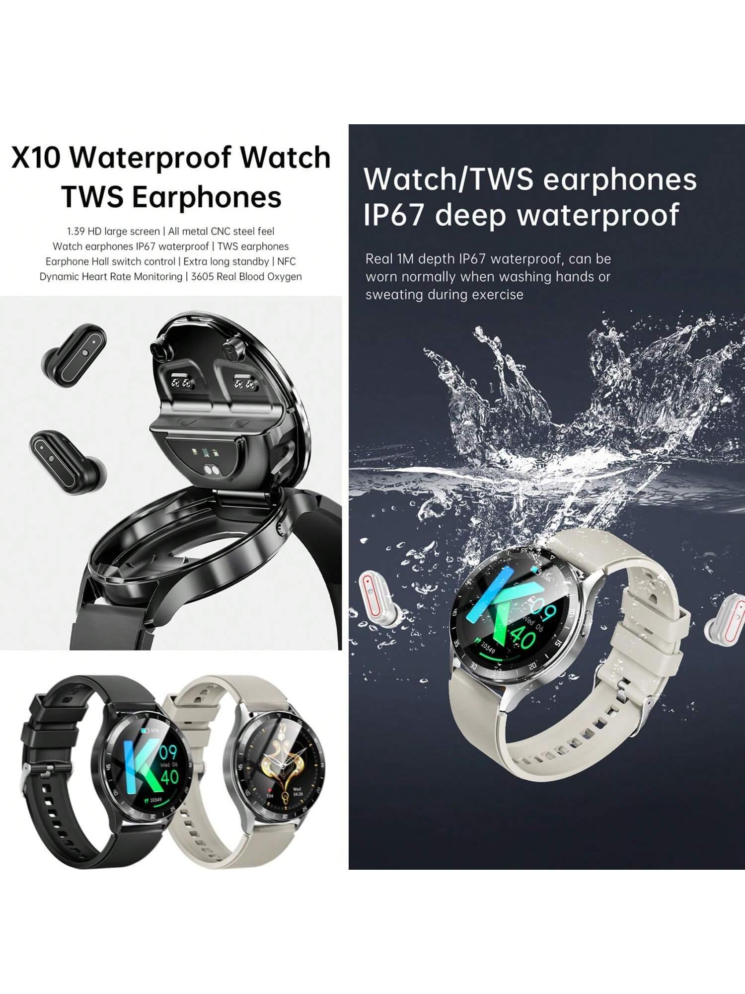 X10 Smart Watch With Earbuds For IPhone Android Smartphones 1.39 Inch Round BT Call Smartwatch Fitness Tracker All-In-One Smartwatches Long Time Standby TWS Music Watch For Men Women