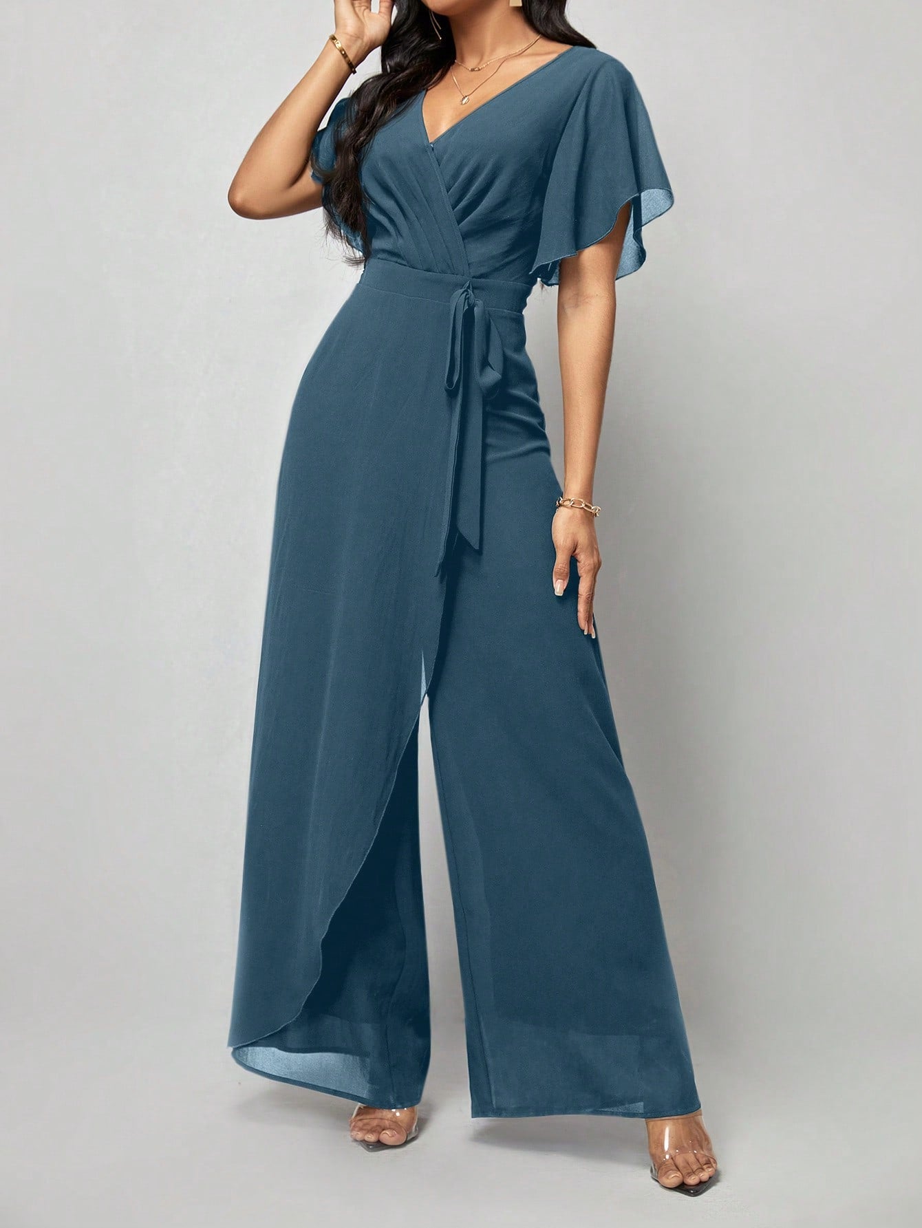 Amorya Saint Patrick Day Butterfly Sleeve Wrap Belted Wide Leg Jumpsuit