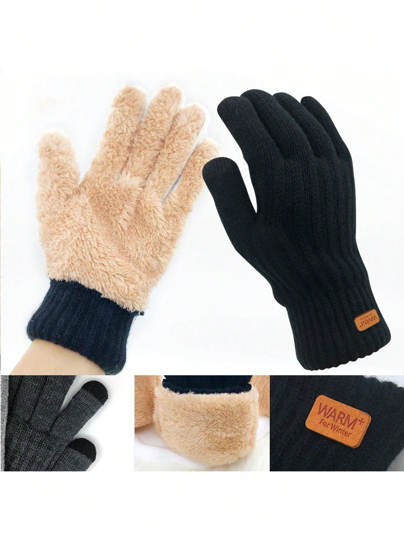 1pair Winter Warm Gloves, Dual-Layer Plush Lined Thick Touchscreen Mitten, 9 Inch Plus Size Gloves For Outdoor Use