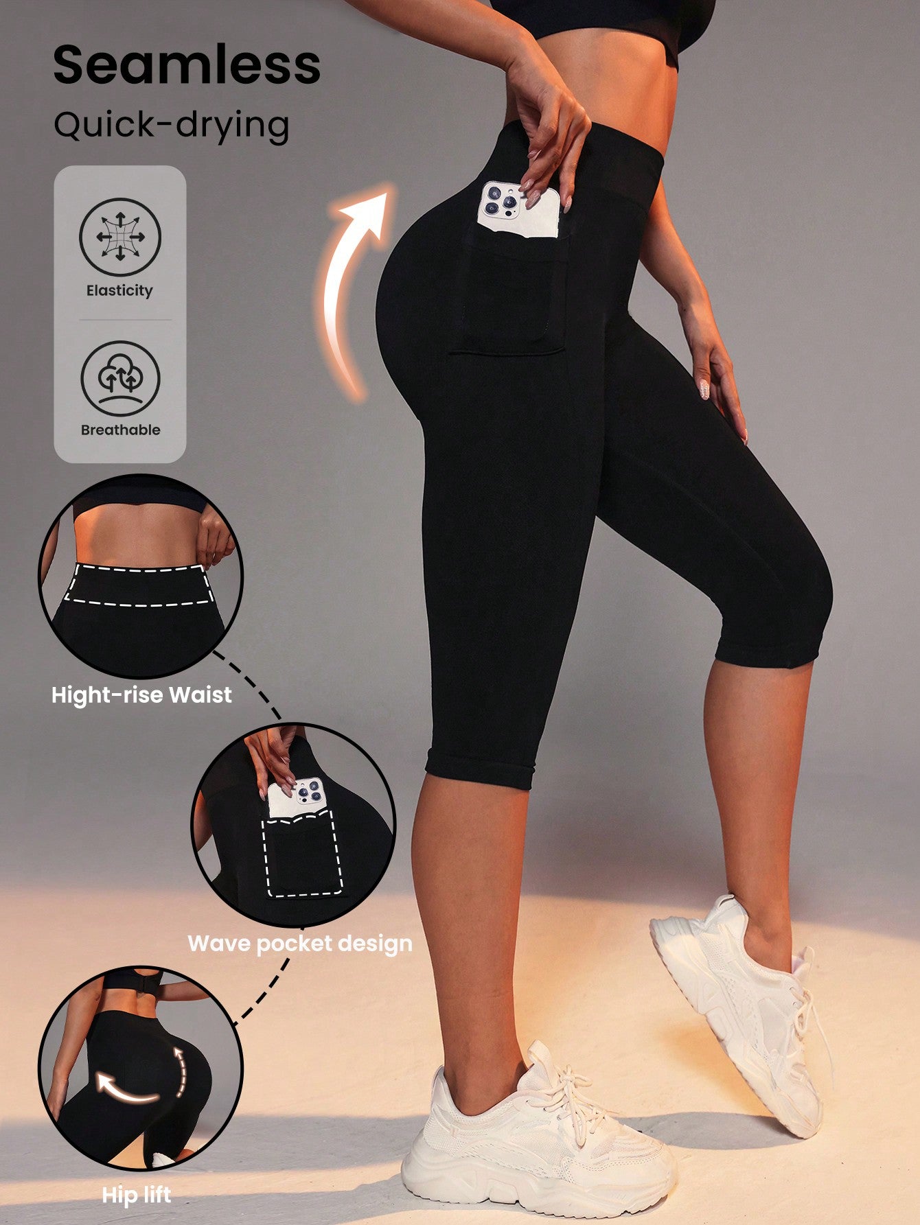 Wide Waistband Sports Leggings With Phone Pocket