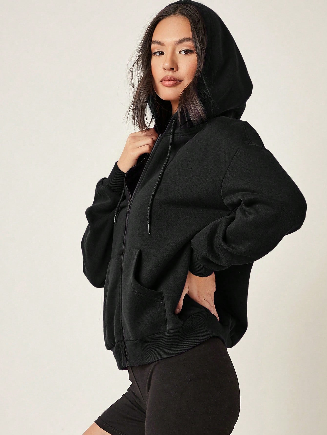 Cottnline Drop Shoulder Zip Up Drawstring Thermal Hoodie