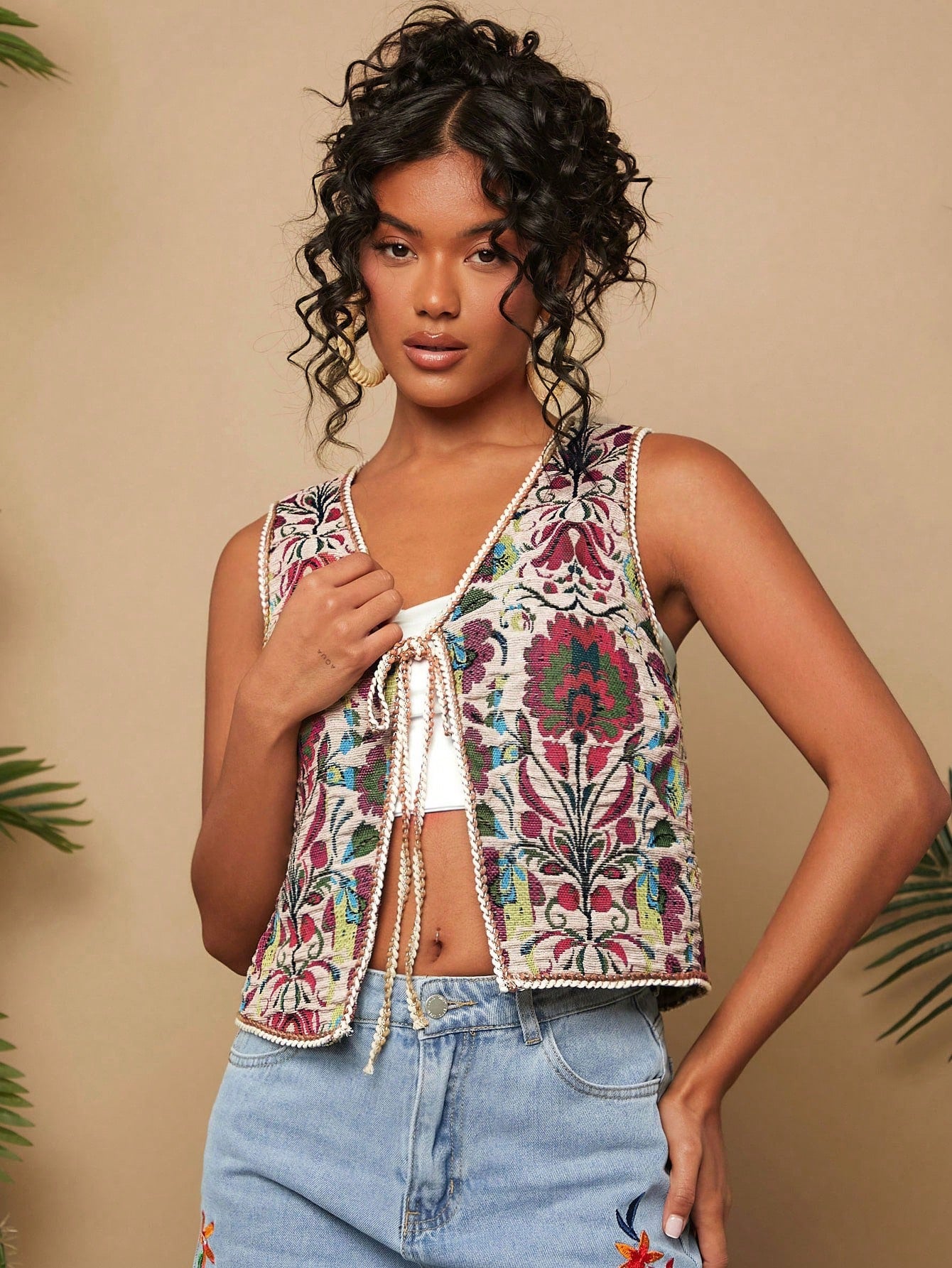 Travachic Vacation Woven Print Regular Sleeveless Loose Women's Jacket