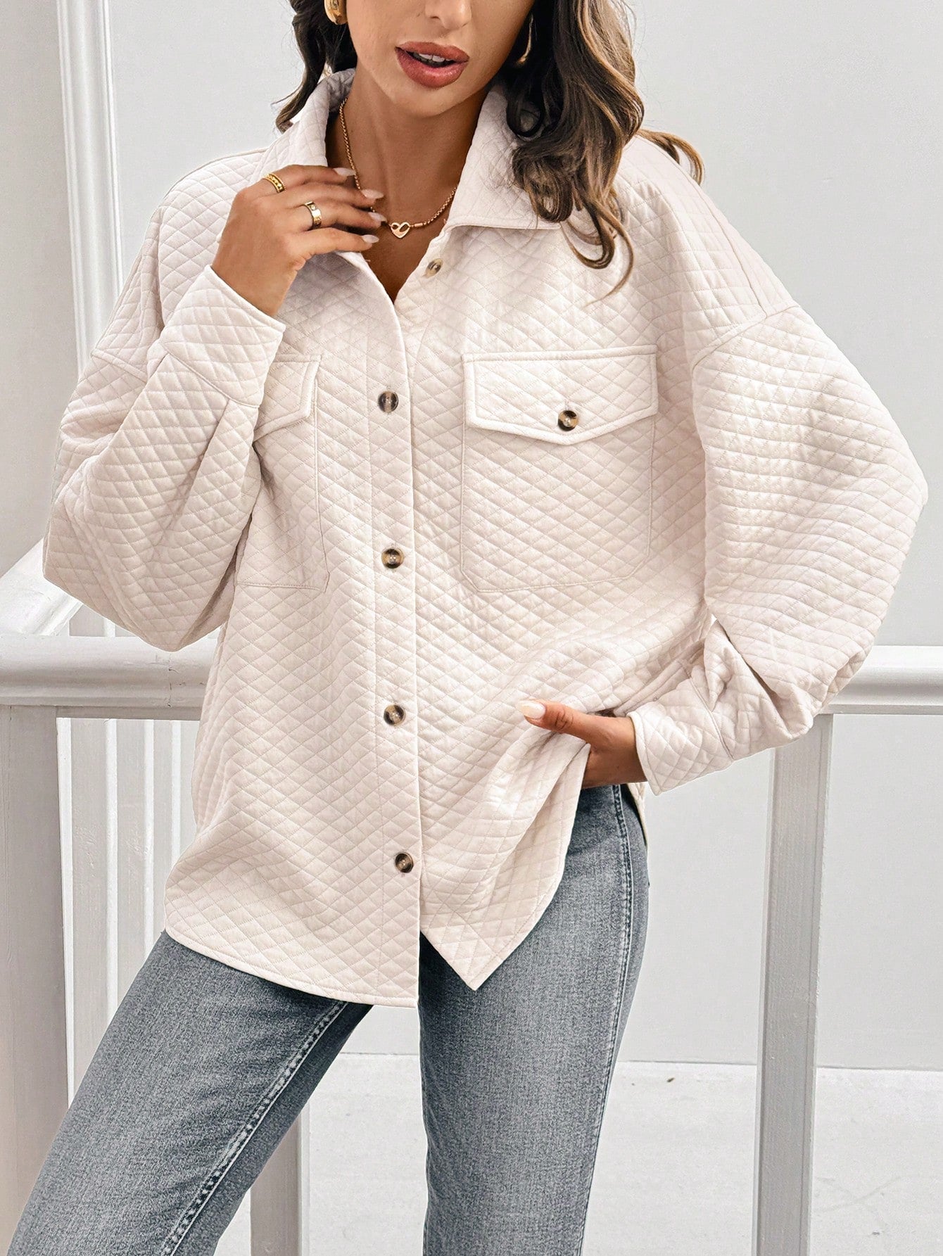 Frenchy Women's Buttoned Pocket Diamond Grid Textured Gentle And Fashionable Long Sleeve Jacket  Fall  Frenchies S Fall Women Clothes Fall Jackets Long Sleeves Woman