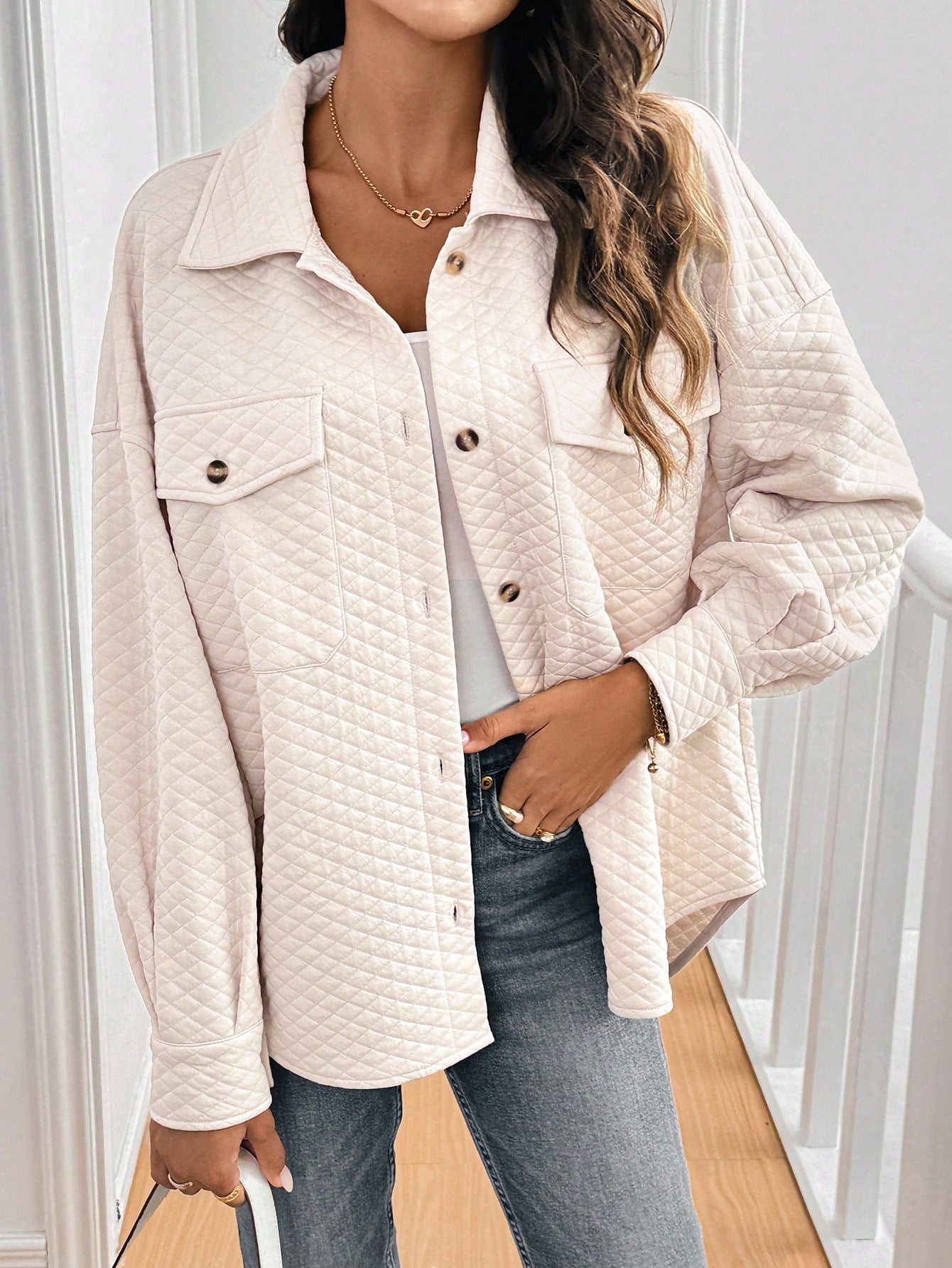 Frenchy Women's Buttoned Pocket Diamond Grid Textured Gentle And Fashionable Long Sleeve Jacket  Fall  Frenchies S Fall Women Clothes Fall Jackets Long Sleeves Woman