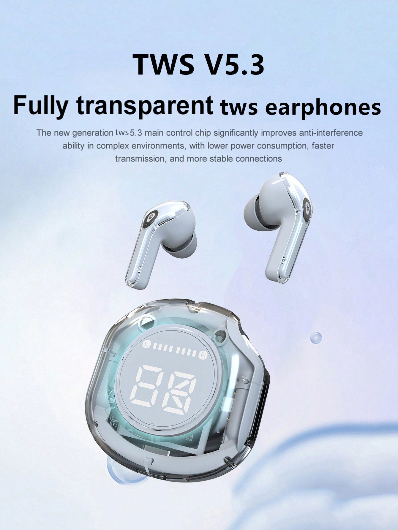 New Transparent Touch Low-Latency TWS Wireless Earbuds For Sports, Office, Gaming, USB-C Charging, Bluetooth 5.3 Semi In-Ear Wireless Earphones With Super Long Battery Life