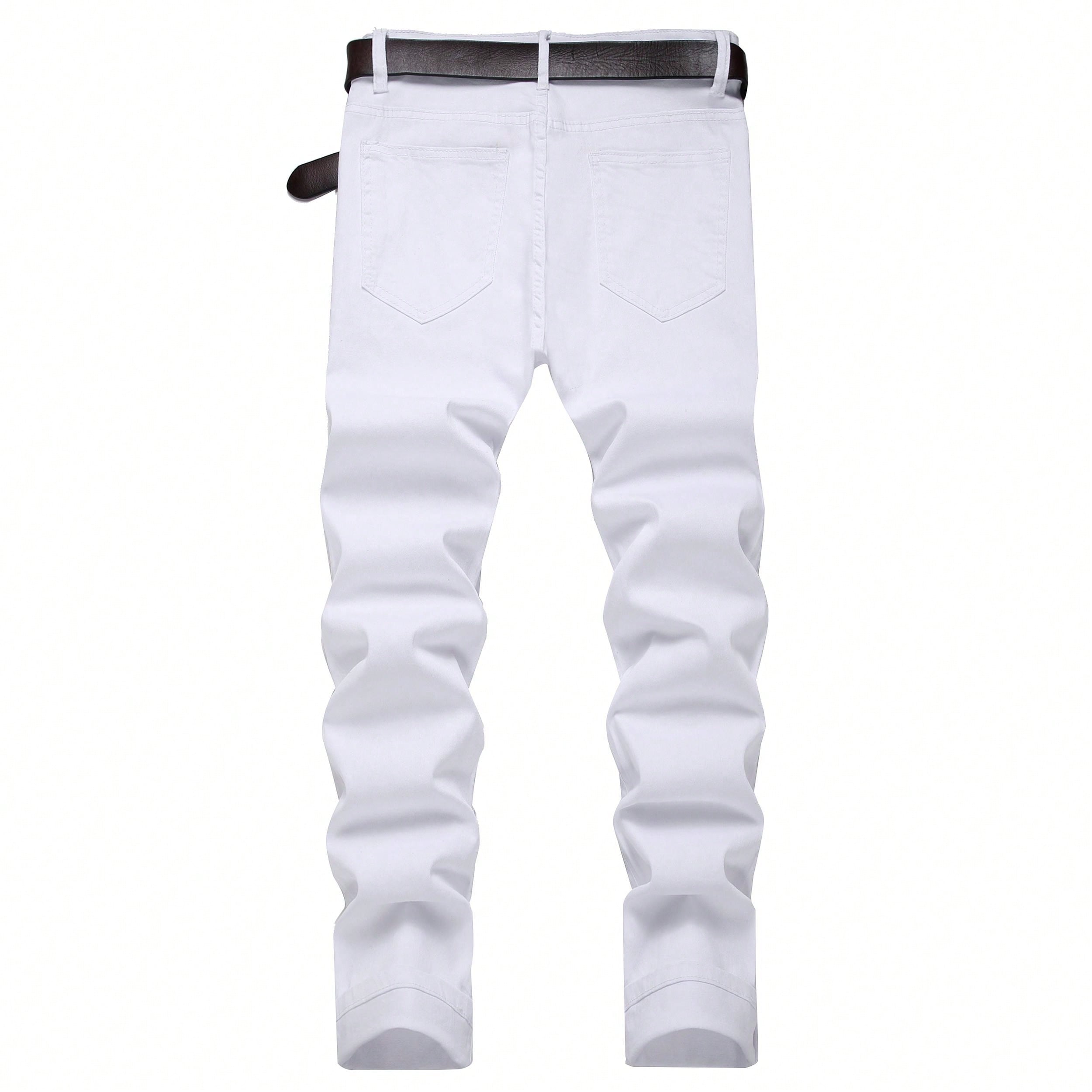 Men's Straight Cut Distressed Jeans, White Cotton Stretch Denim Jeans