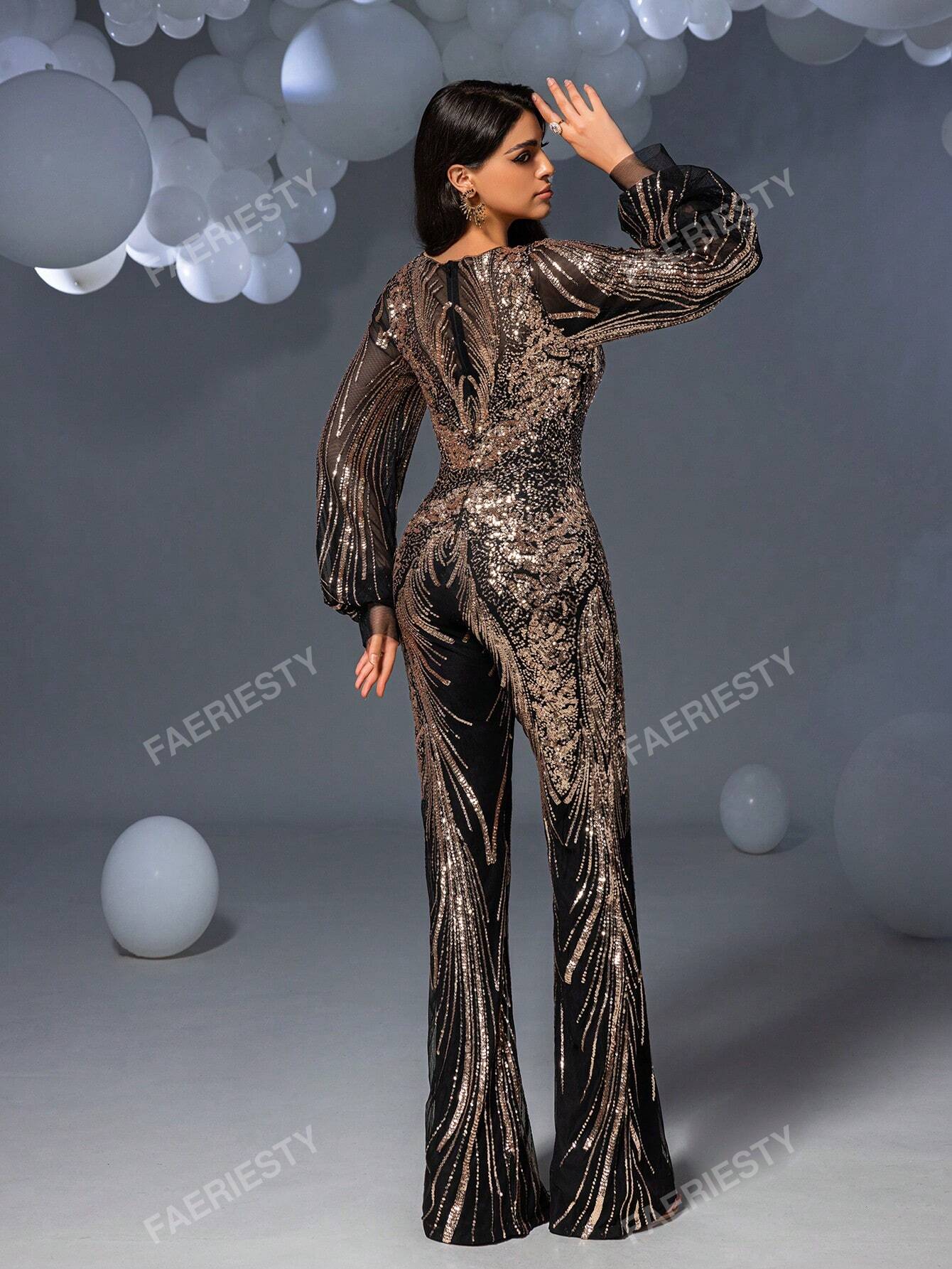 Faeriesty Graphic Sequin Lantern Sleeves Party Elegant Long Sleeve Jumpsuit