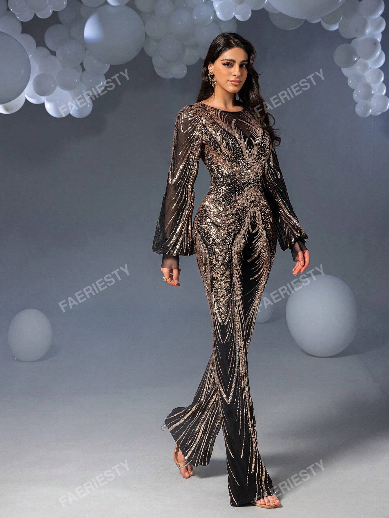 Faeriesty Graphic Sequin Lantern Sleeves Party Elegant Long Sleeve Jumpsuit