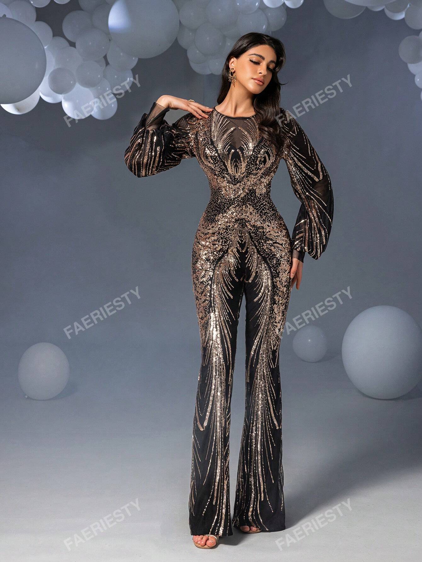 Faeriesty Graphic Sequin Lantern Sleeves Party Elegant Long Sleeve Jumpsuit