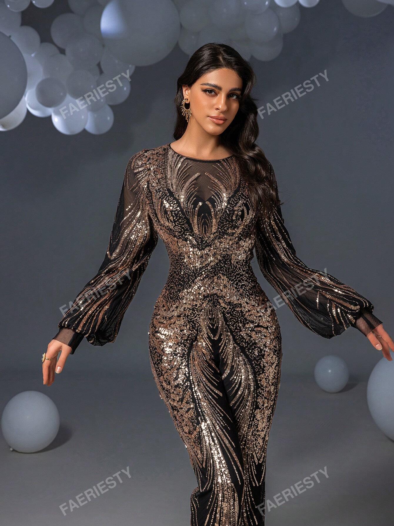 Faeriesty Graphic Sequin Lantern Sleeves Party Elegant Long Sleeve Jumpsuit