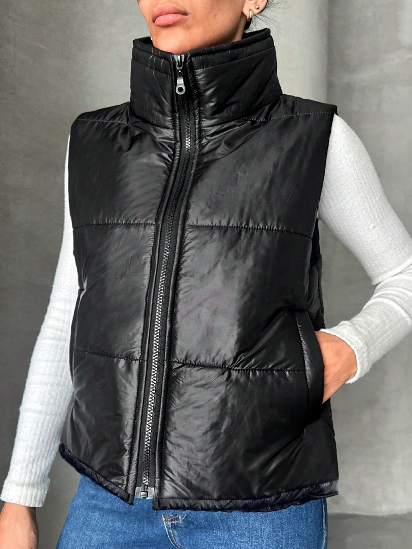 PETITE Women's Sleeveless Zip-Up Puffer Jacket , Black Vest