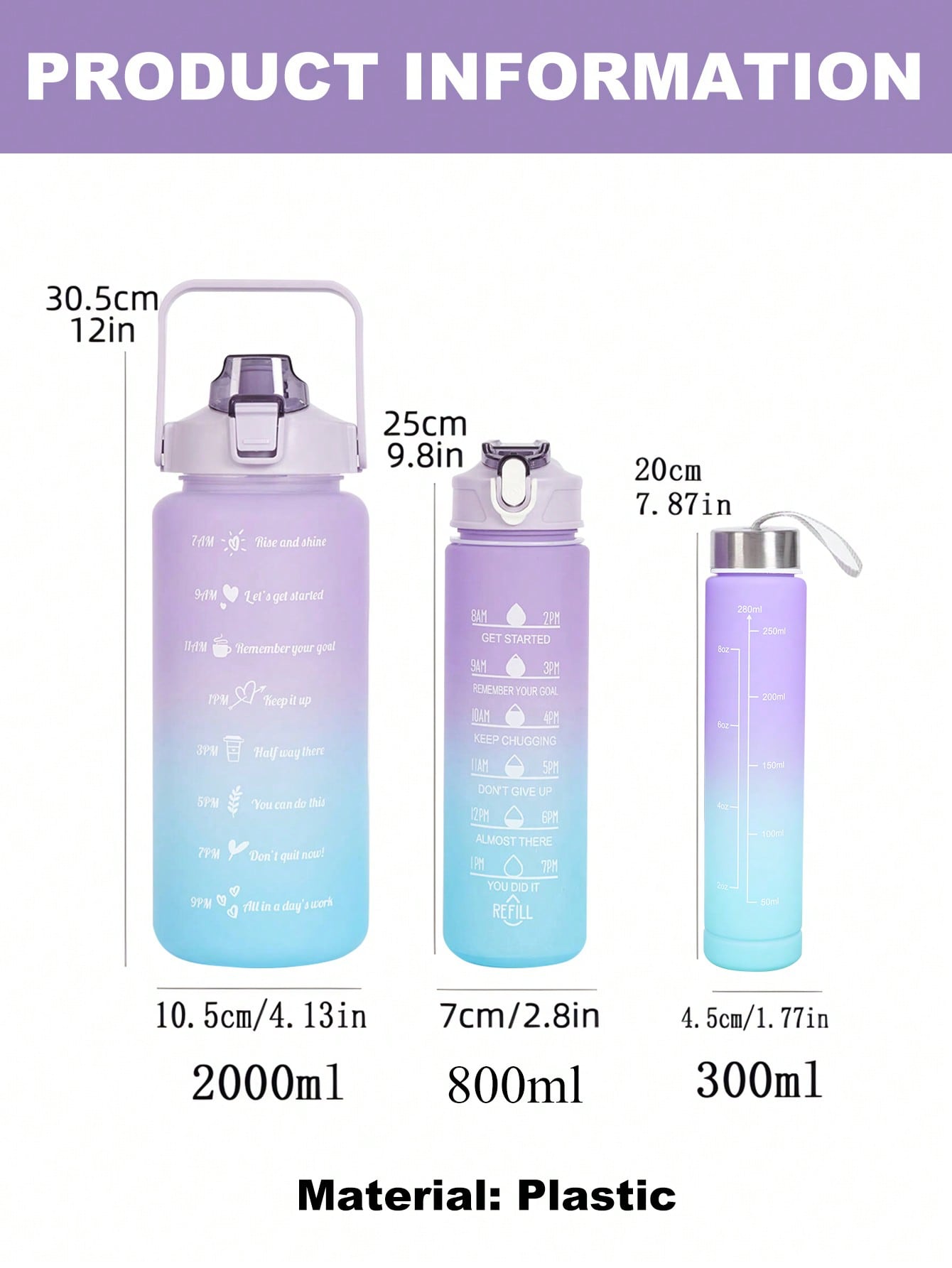 1pc Gradient Water Bottle With Straw, Sport Bottle,Large Capacity (2000ml/800ml/300ml) For Outdoor Sports