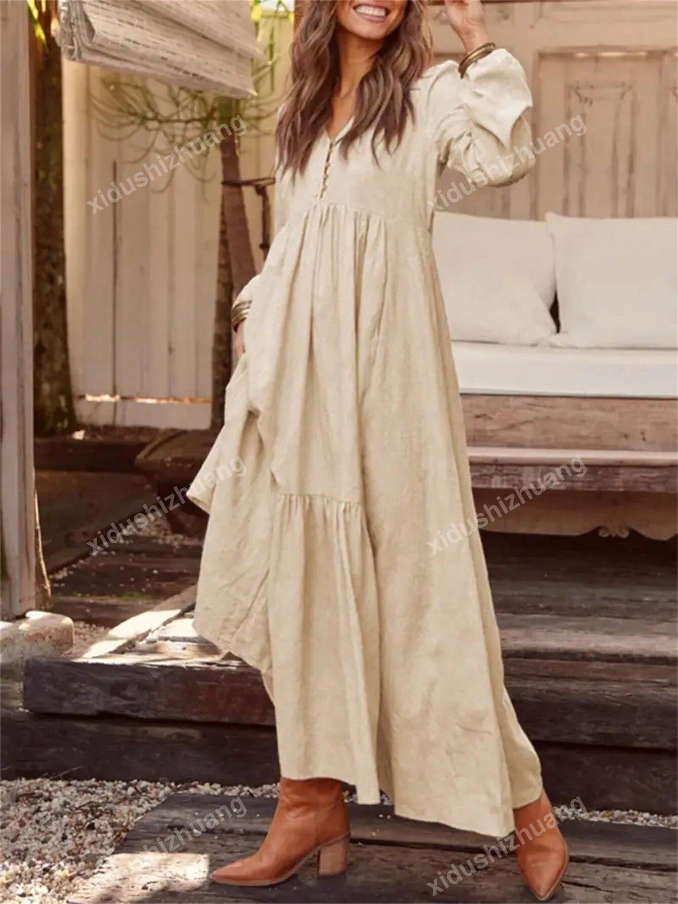 Women's Solid Color V-Neck Lantern Sleeve Long Sleeve Dress, Autumn