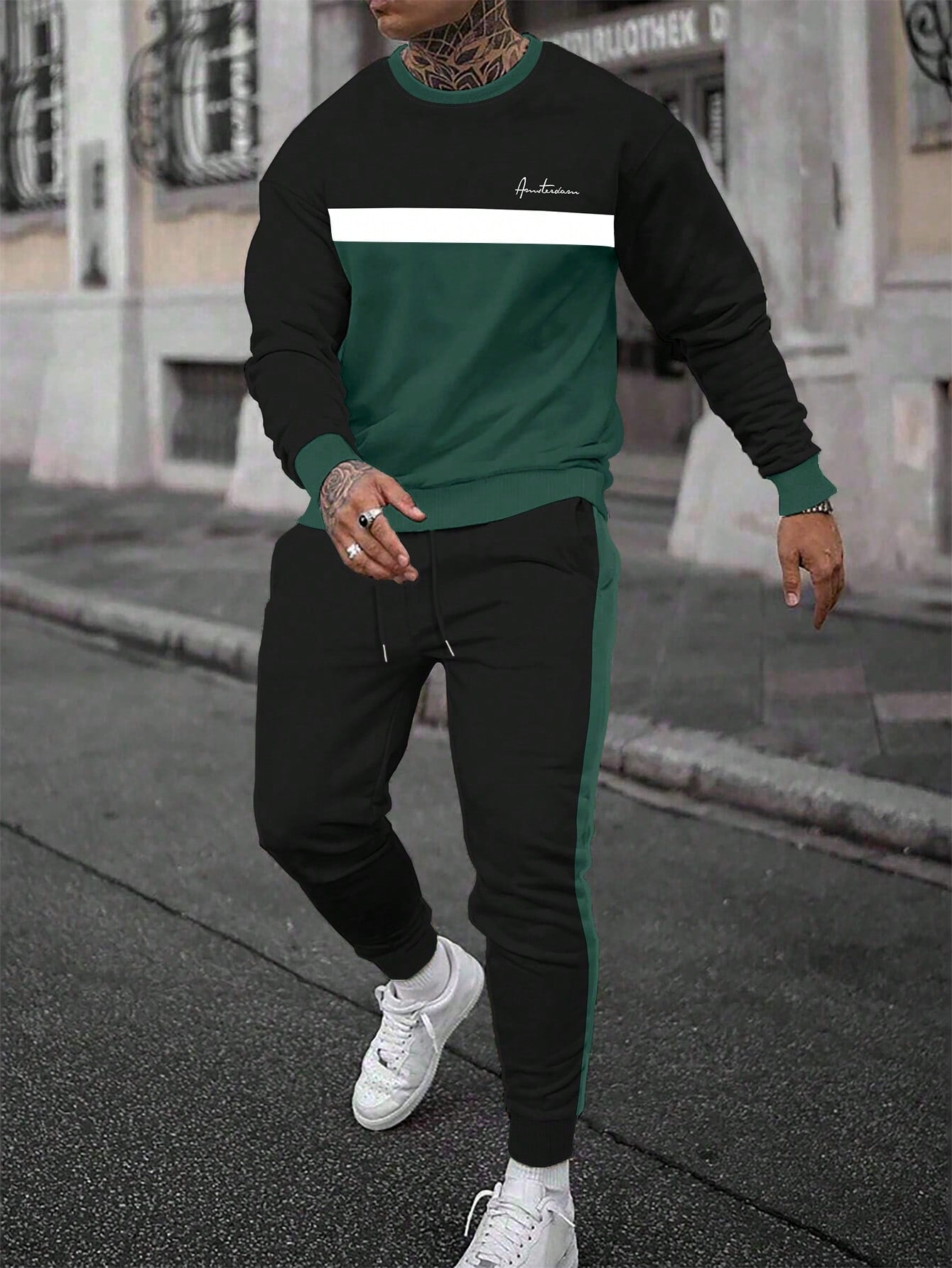 Manfinity LEGND Plus Size Men's Two-Tone Round Neck Long Sleeve Sweatshirt And Solid Color Drawstring Sweatpants Set