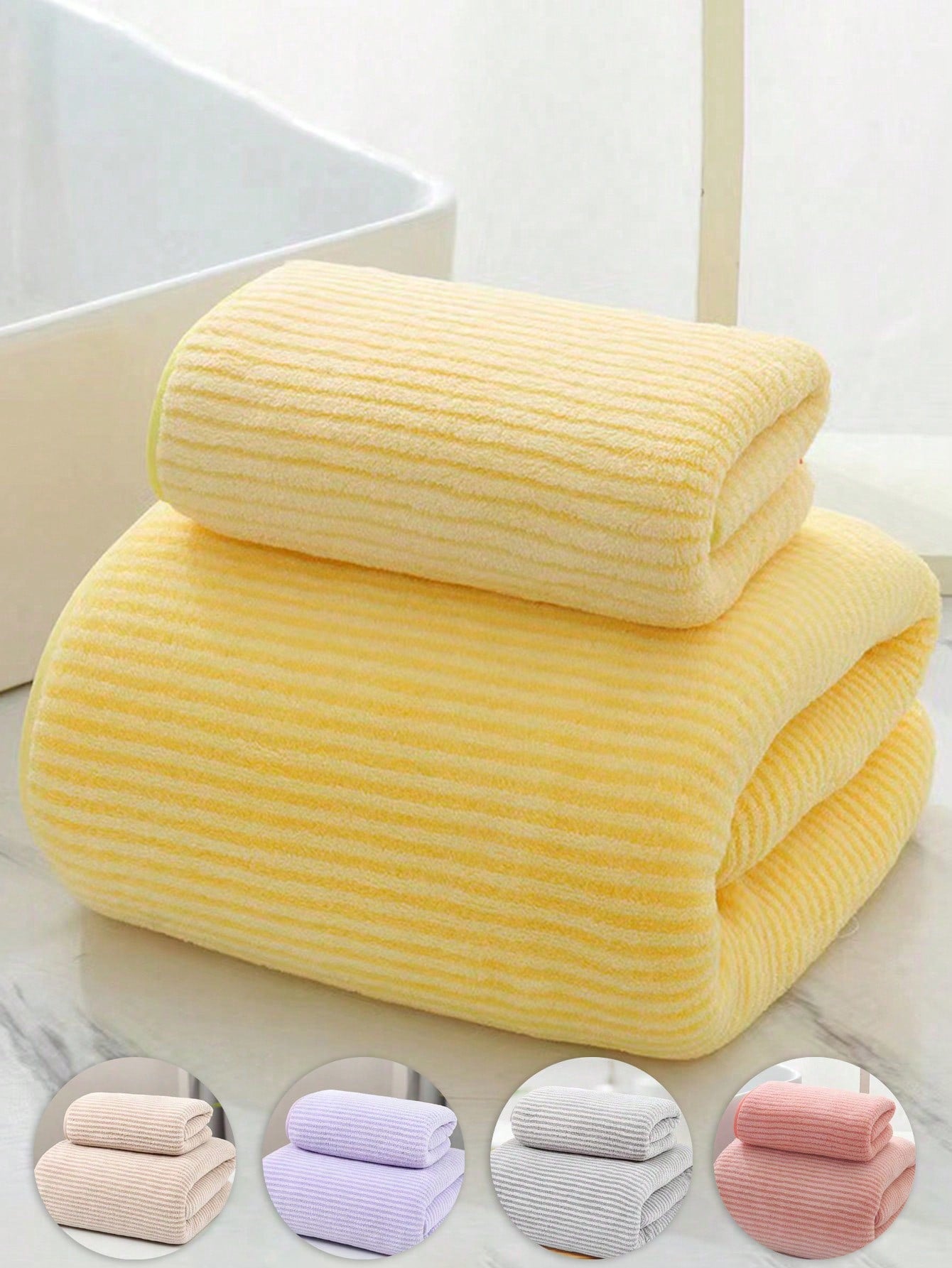 1pc Coral Fleece Soft Absorbent Quick Dry Minimalist Striped Washcloth/Hair Towel, Suitable For Adults And Children, Unisex Home
