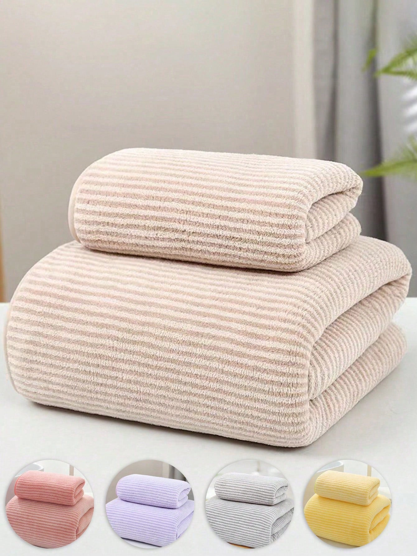 1pc Coral Fleece Soft Absorbent Quick Dry Minimalist Striped Washcloth/Hair Towel, Suitable For Adults And Children, Unisex Home