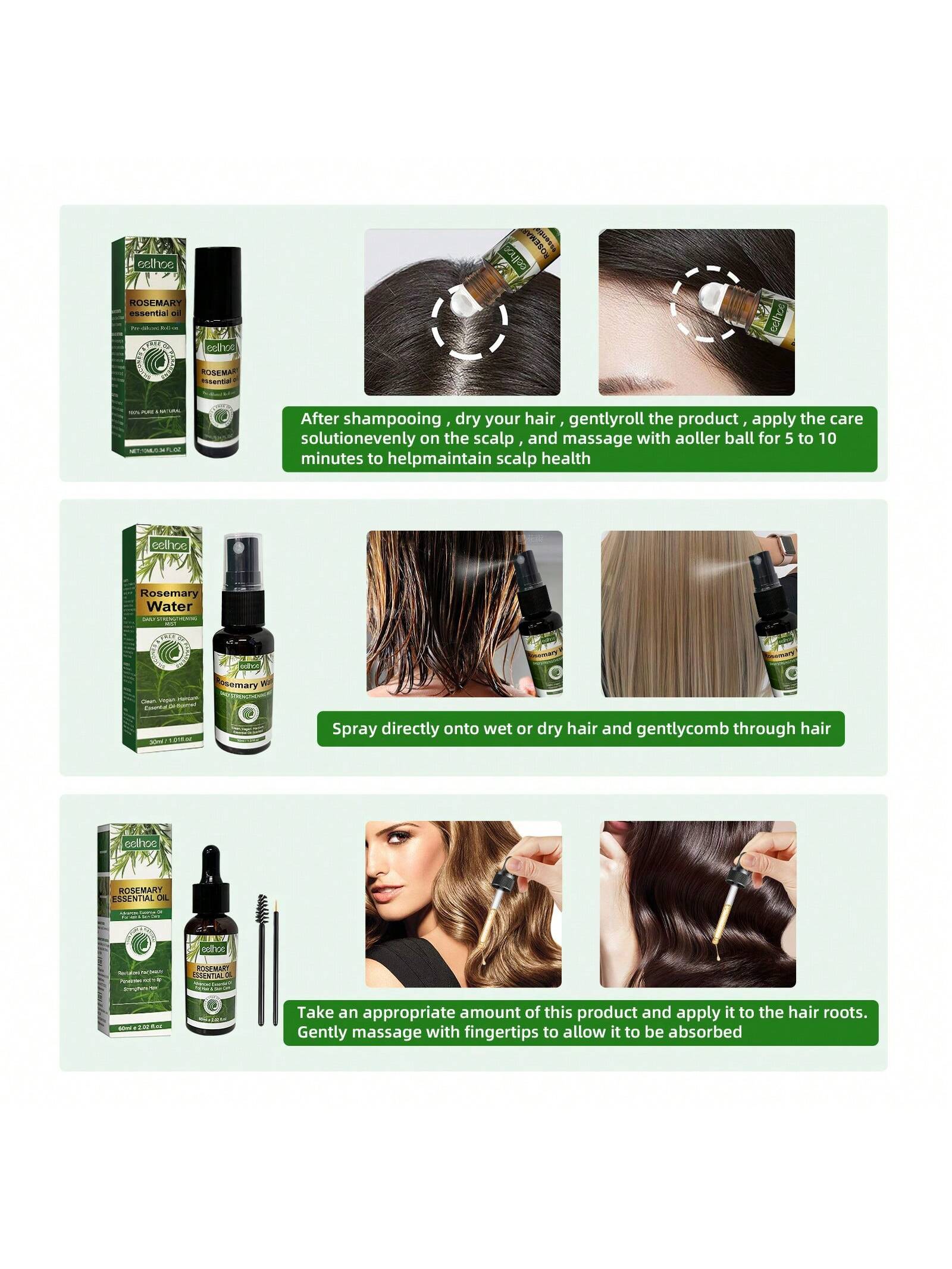 EELHOE 1box Set Eelhoe Rosemary Hair Care Gift Box Nourishes Hair Repair Damaged Smooth Eyelashes Hair Multi-Purpose Essential Oil Gift Set