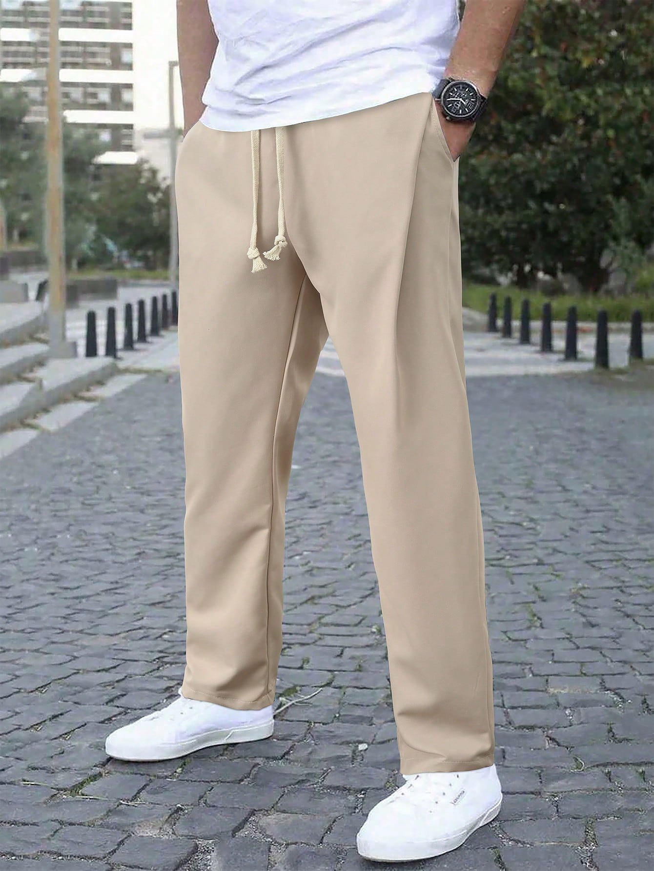 Manfinity Hypemode Men Casual Drawstring Waist Tapered Pants Straight Leg Long Carrot Plain Going Out