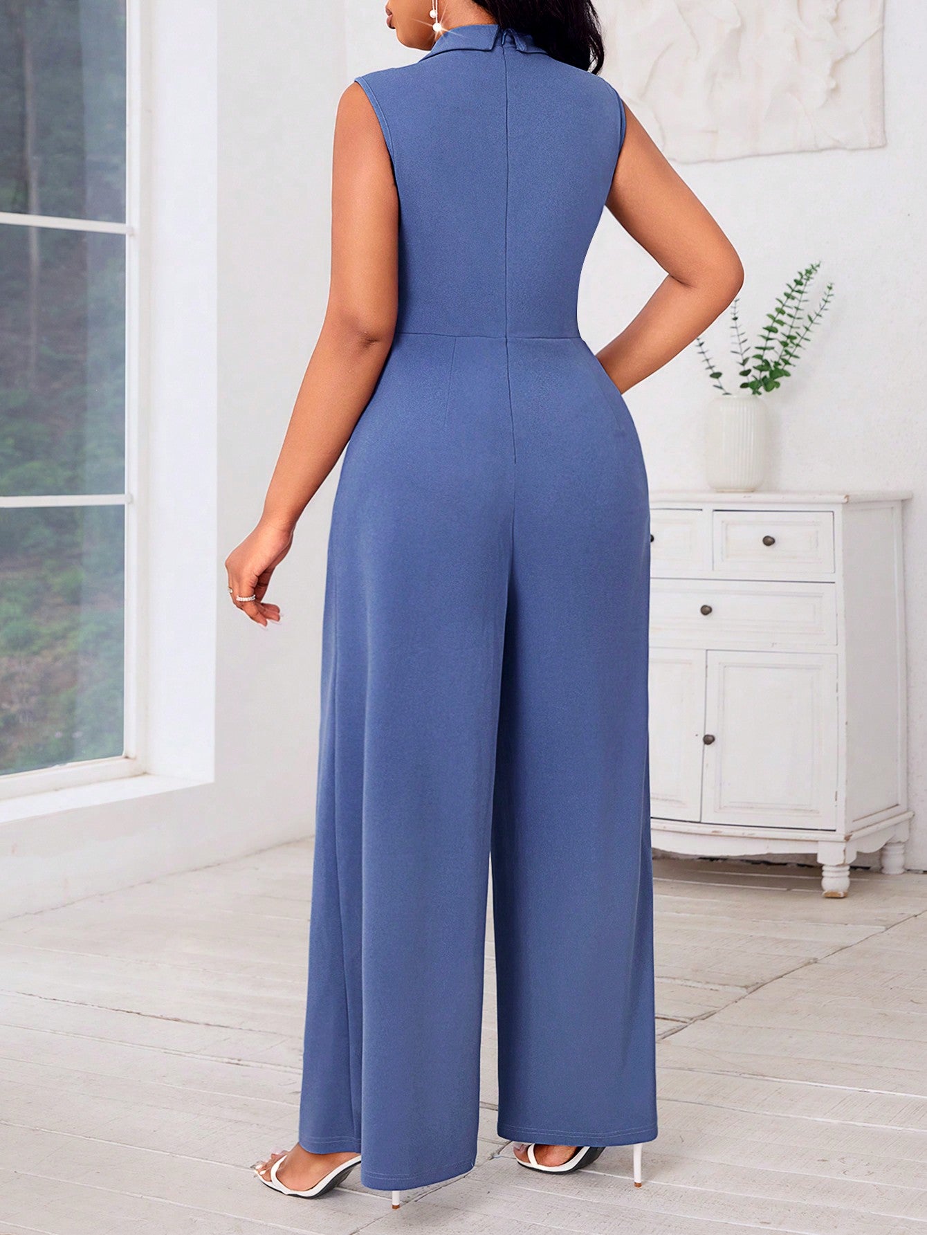 Lady Plus Size Women's Blue Sleeveless Wide Leg Jumpsuit With Cross Neck And Pearl Decor Concert Women Outfit Women Jumpsuit Four Seasons