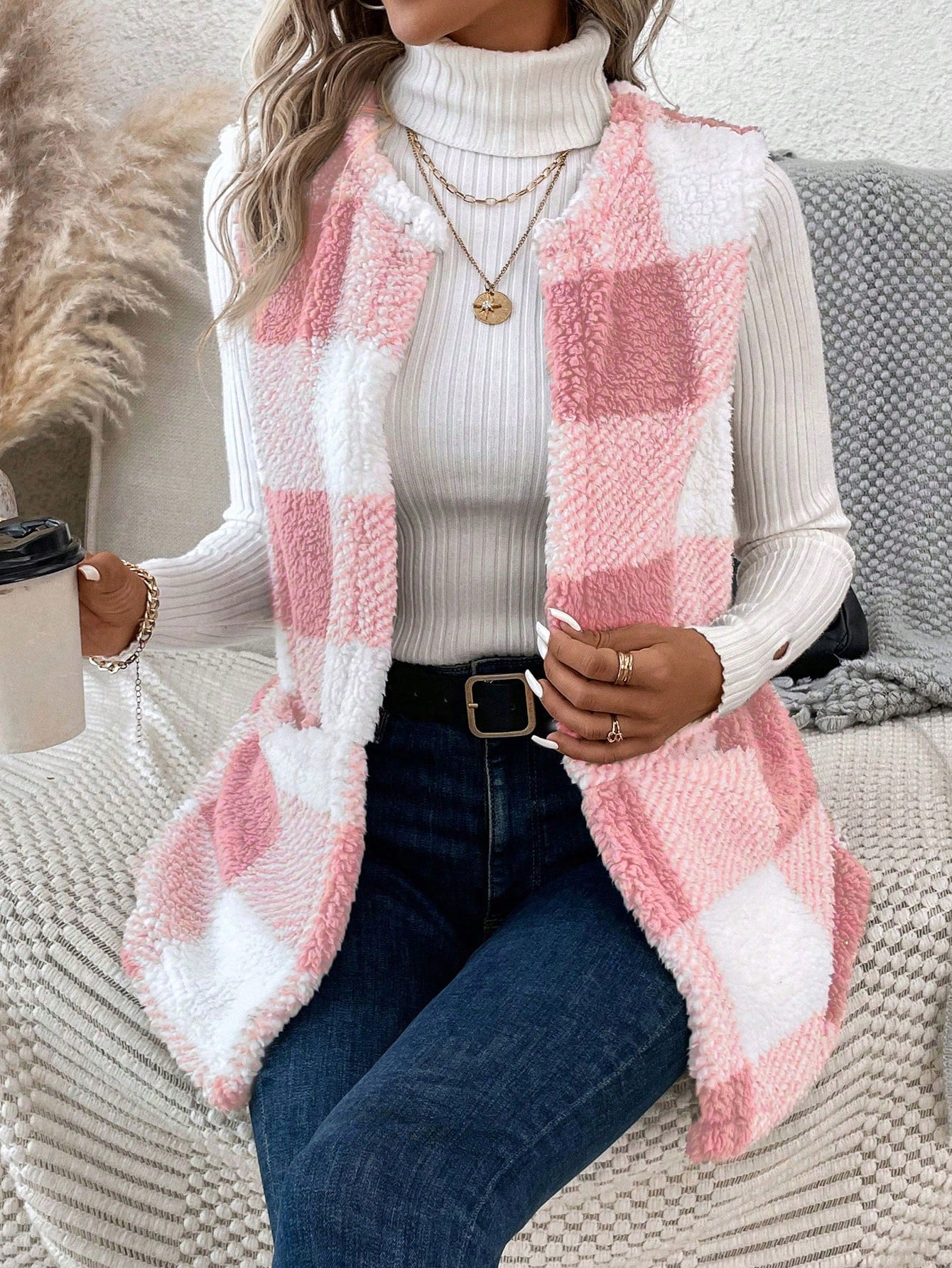 LUNE Buffalo Plaid Print Open Front Teddy Vest Coat