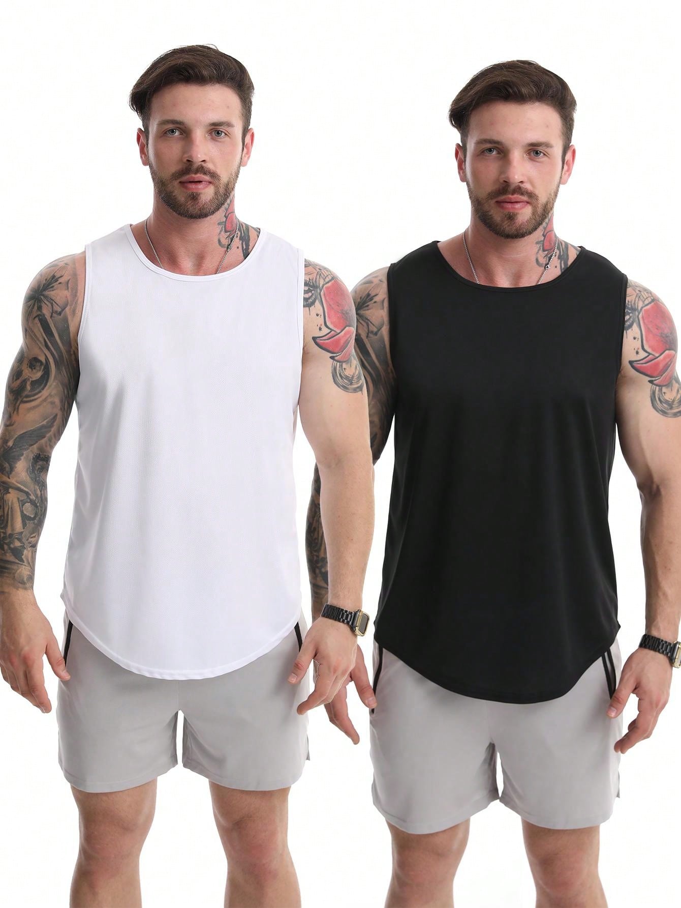 2pcs/Set Boyfriend Style Men's Quick Dry Mesh Breathable Sleeveless Tank Top Singlet Muscle Fitness Gym Training Sports Tank Top