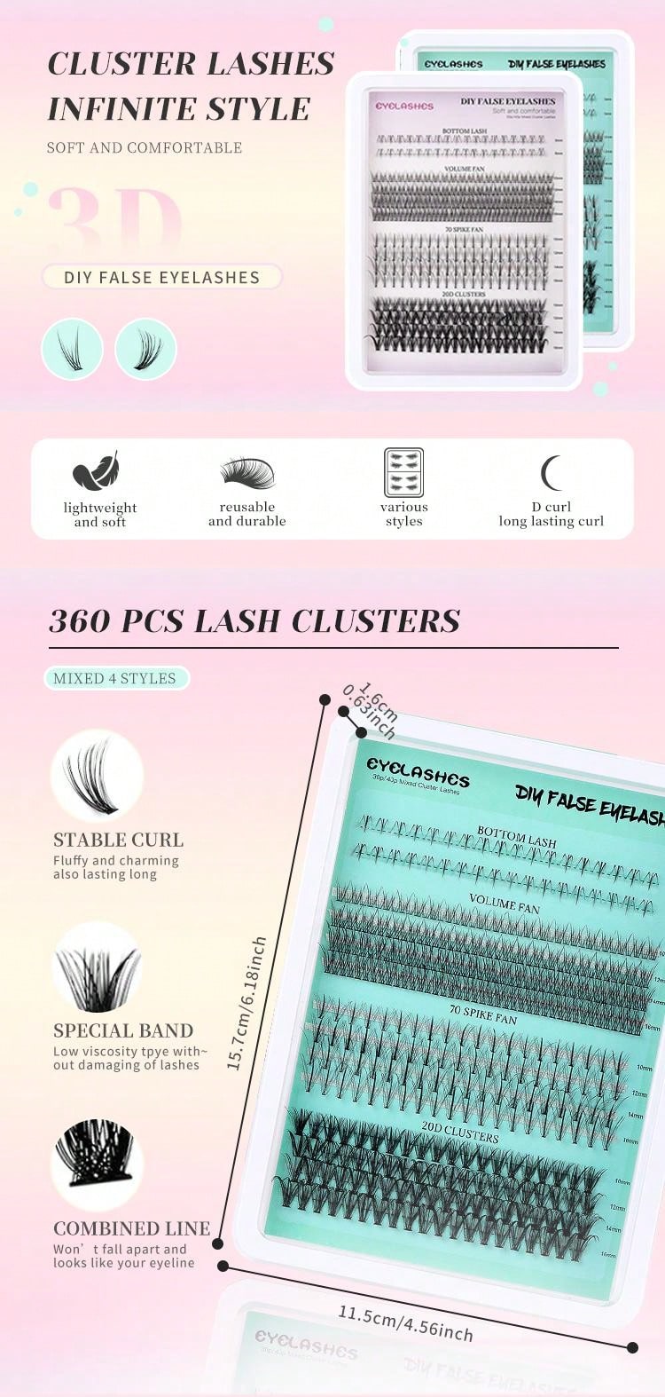 360 Clusters Of Professional Fine-Stemmed False Eyelashes, Thick And Natural With High Quality, 5-16mm Upper Eyelashes And Lower Eyelashes.