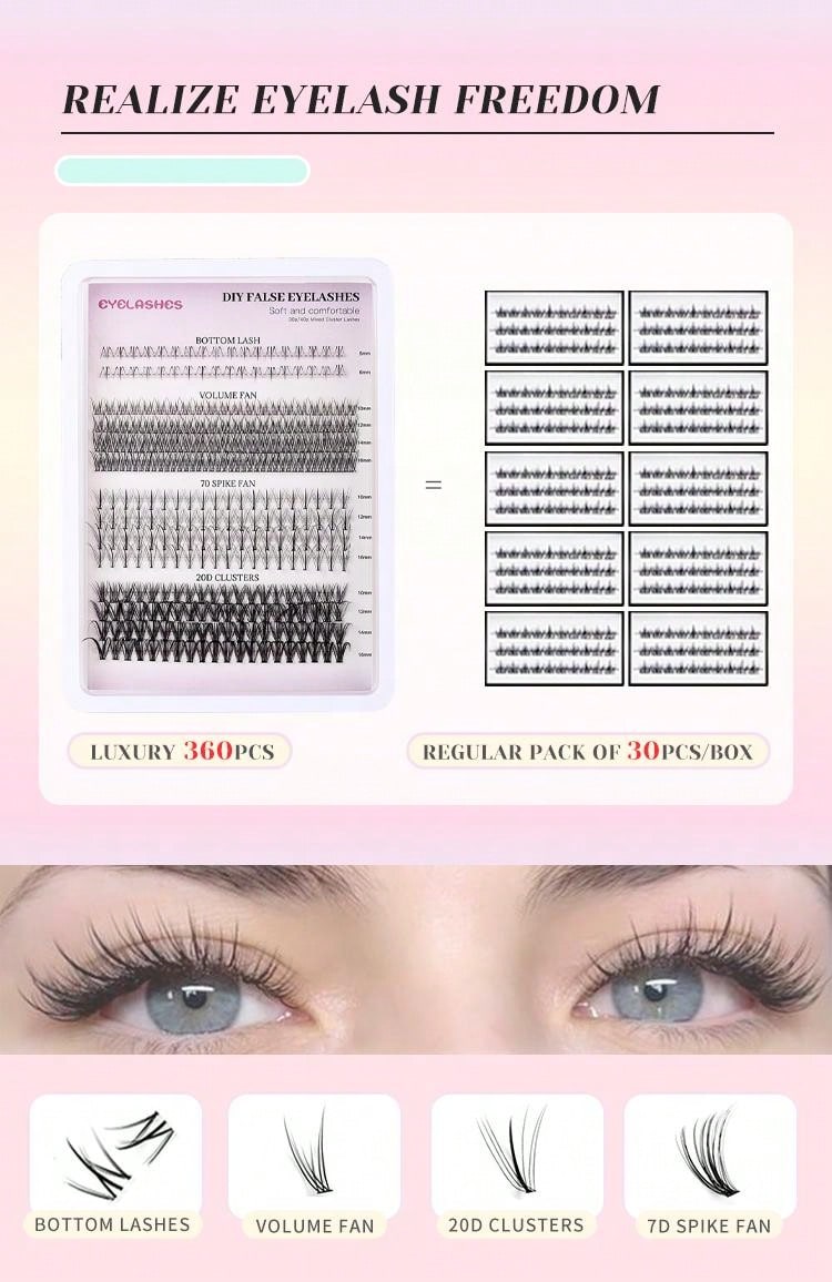 360 Clusters Of Professional Fine-Stemmed False Eyelashes, Thick And Natural With High Quality, 5-16mm Upper Eyelashes And Lower Eyelashes.