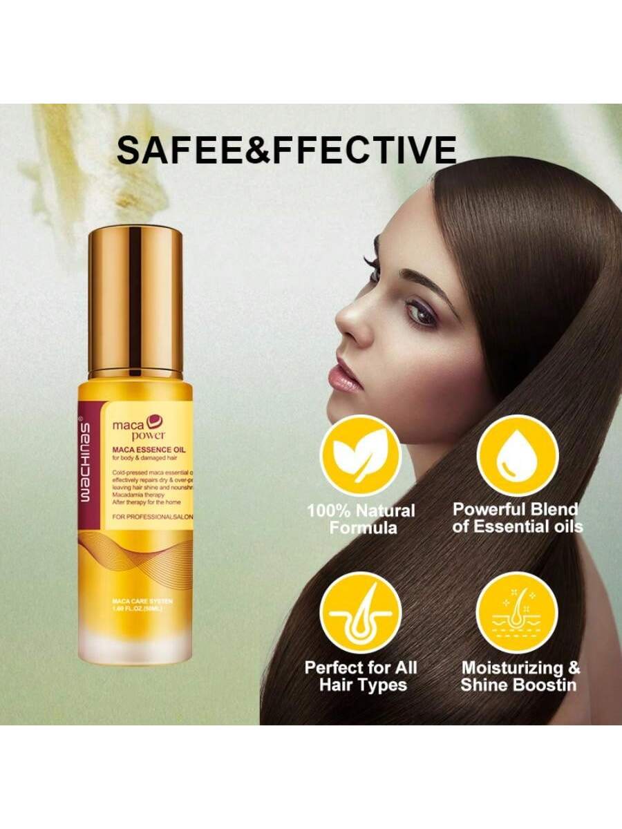 50ml/BOX Moroccan Argan Hair Treatment Oil, Maca Oil, Suitable For Dry, Curly, Heat Damaged Hair. The Maca Essence Oil Can Gently Revitalize The Hair, Relax The Tense Scalp, And Contains Moroccan Argan Oil